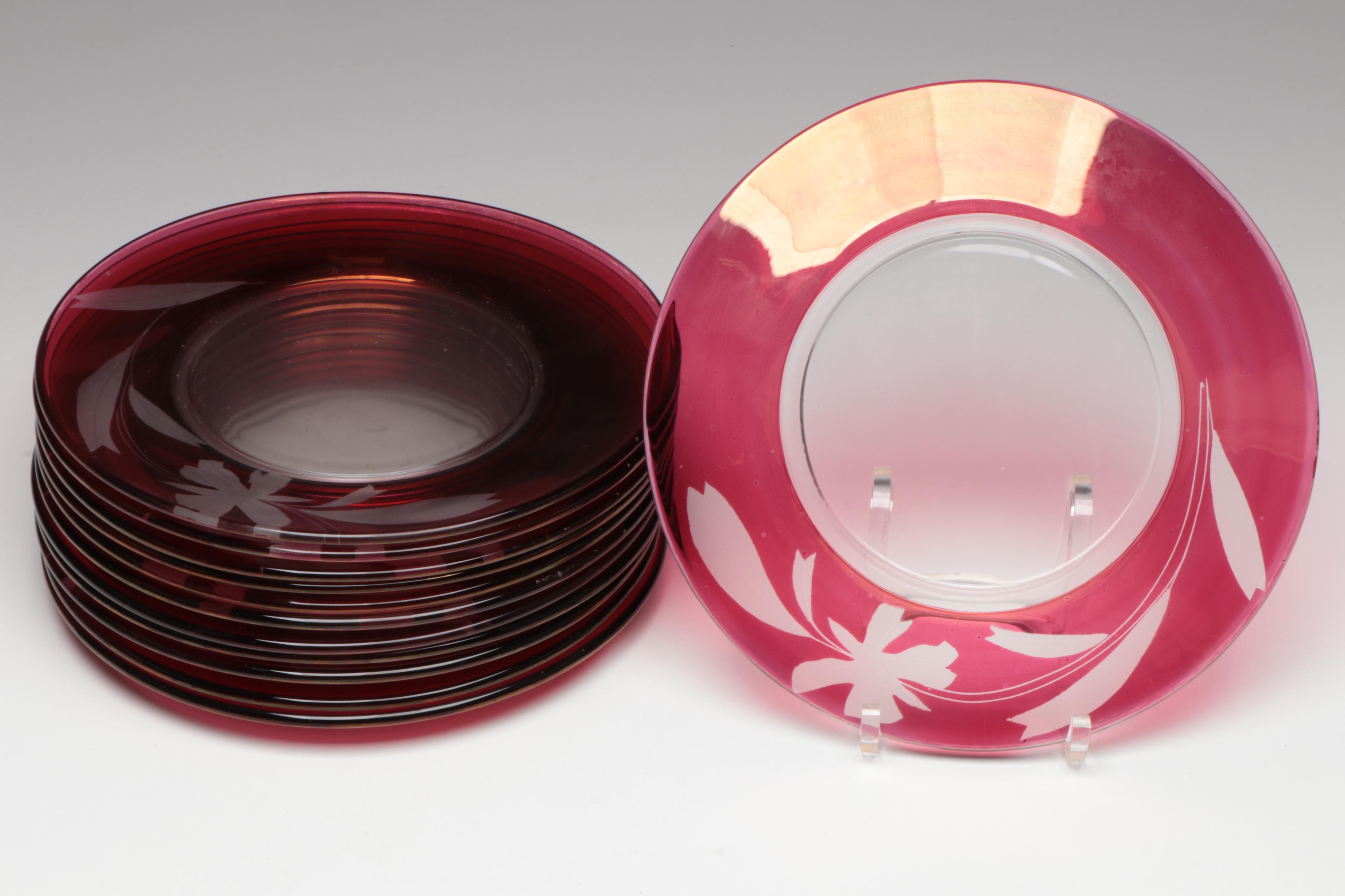 Etched Floral Motif Cranberry Glass Salad Plates, Wine Glasses and More