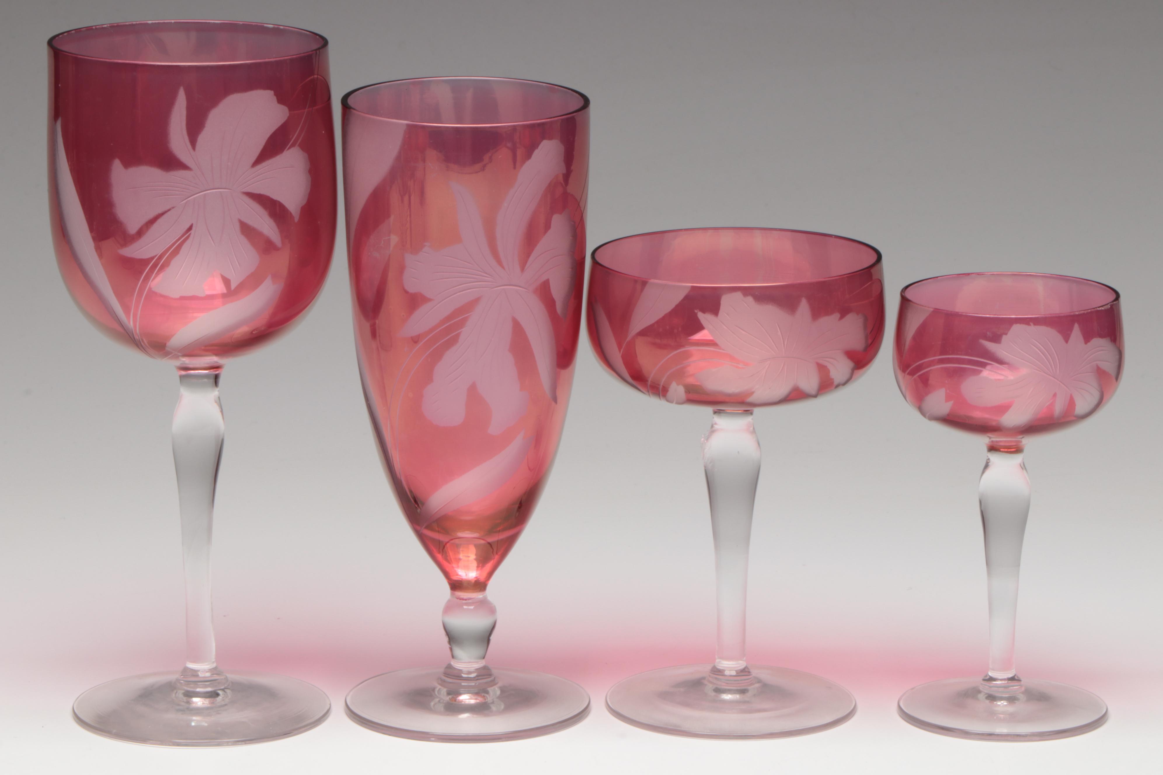 Etched Floral Motif Cranberry Glass Salad Plates, Wine Glasses and More