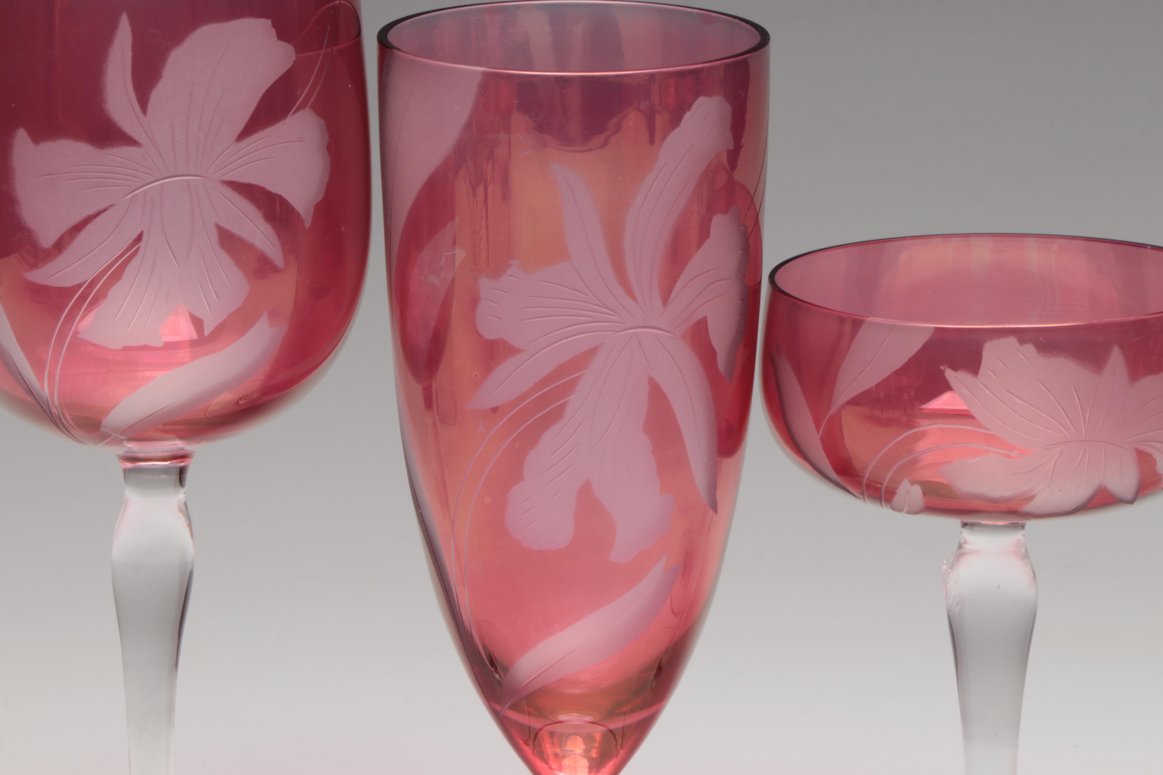 Etched Floral Motif Cranberry Glass Salad Plates, Wine Glasses and More