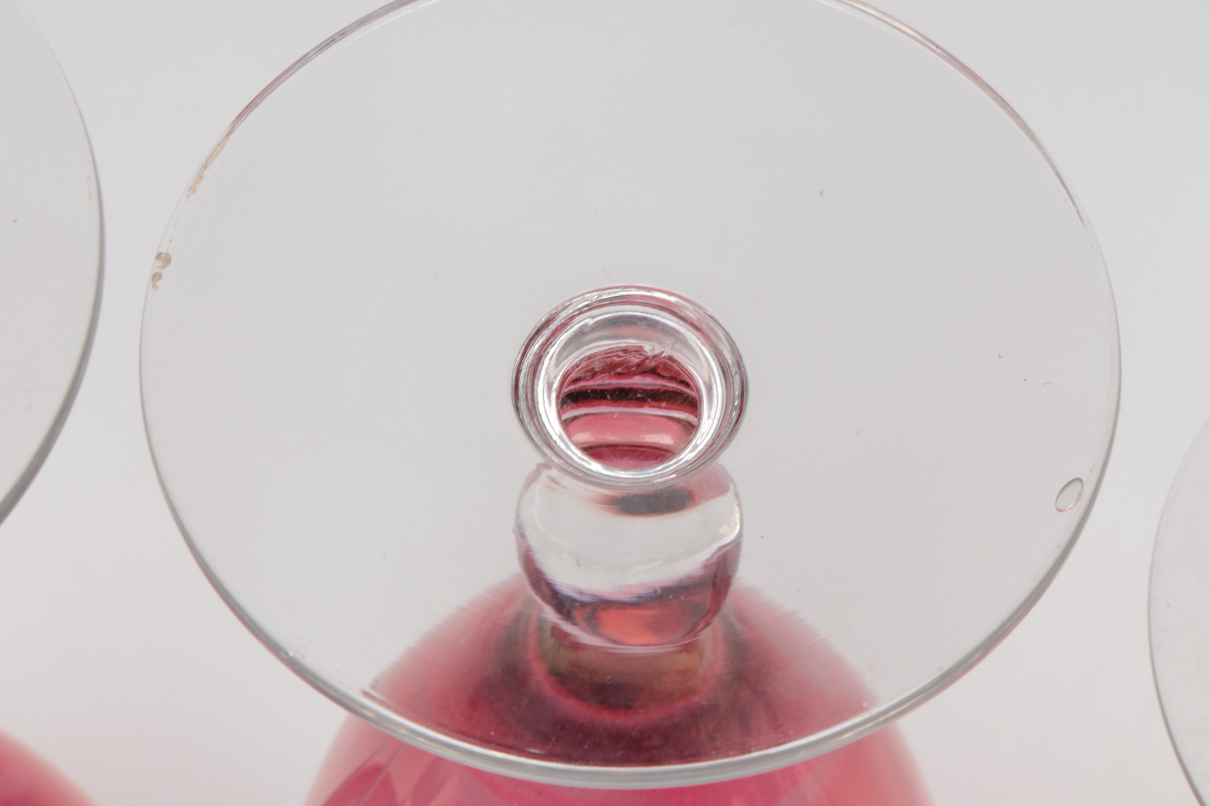 Etched Floral Motif Cranberry Glass Salad Plates, Wine Glasses and More