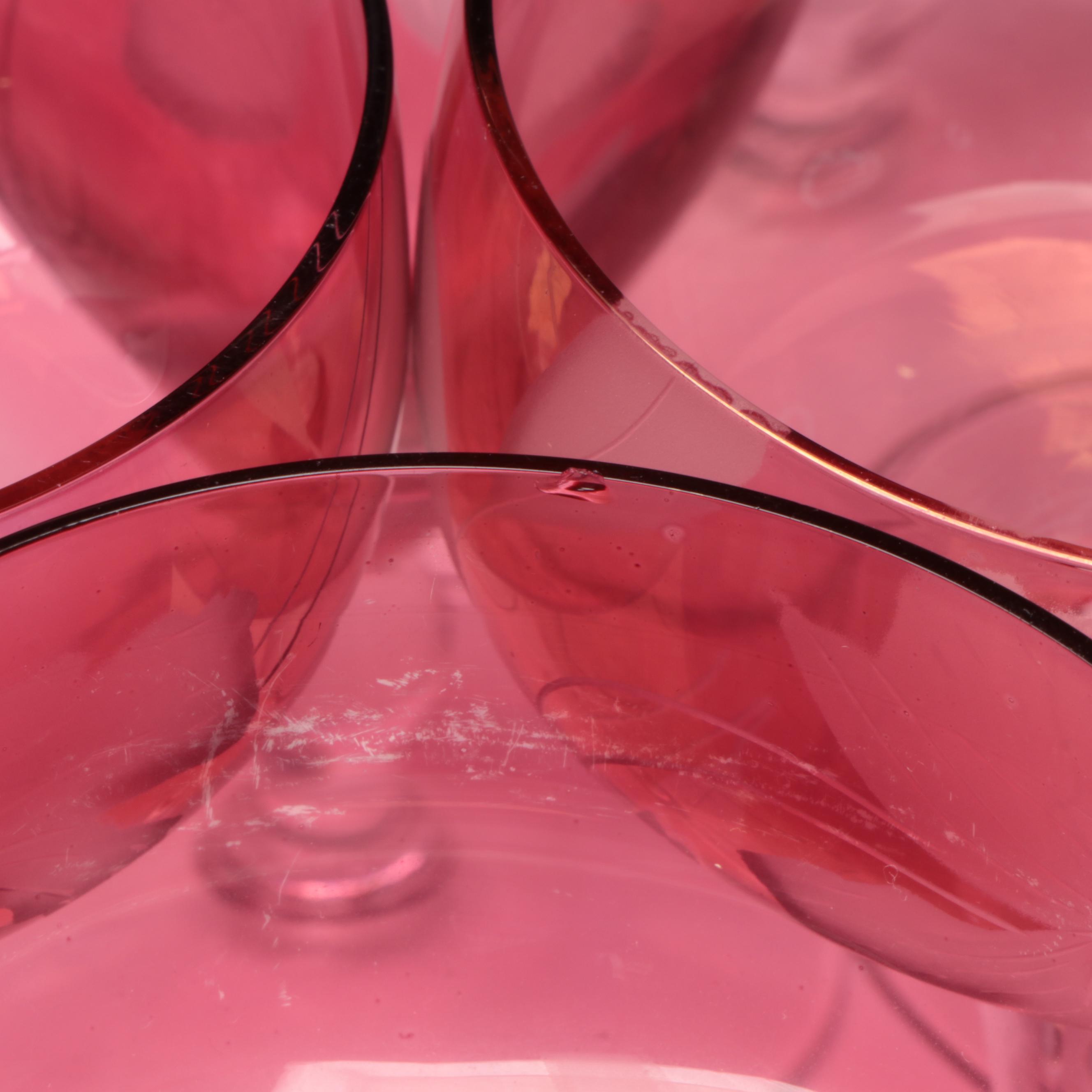 Etched Floral Motif Cranberry Glass Salad Plates, Wine Glasses and More