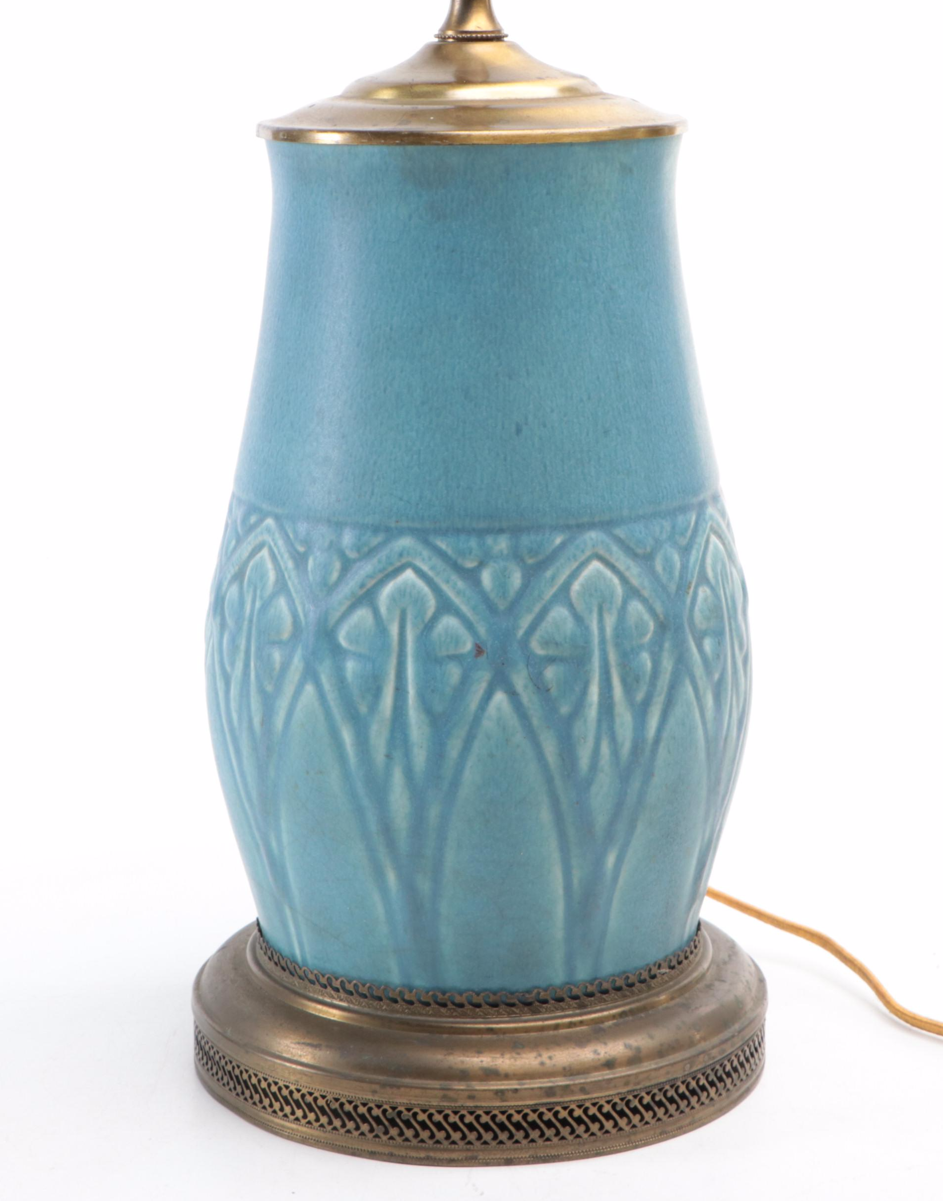 Arts and Crafts Blue Matte Glaze Lamp Attributed to Rookwood Pottery