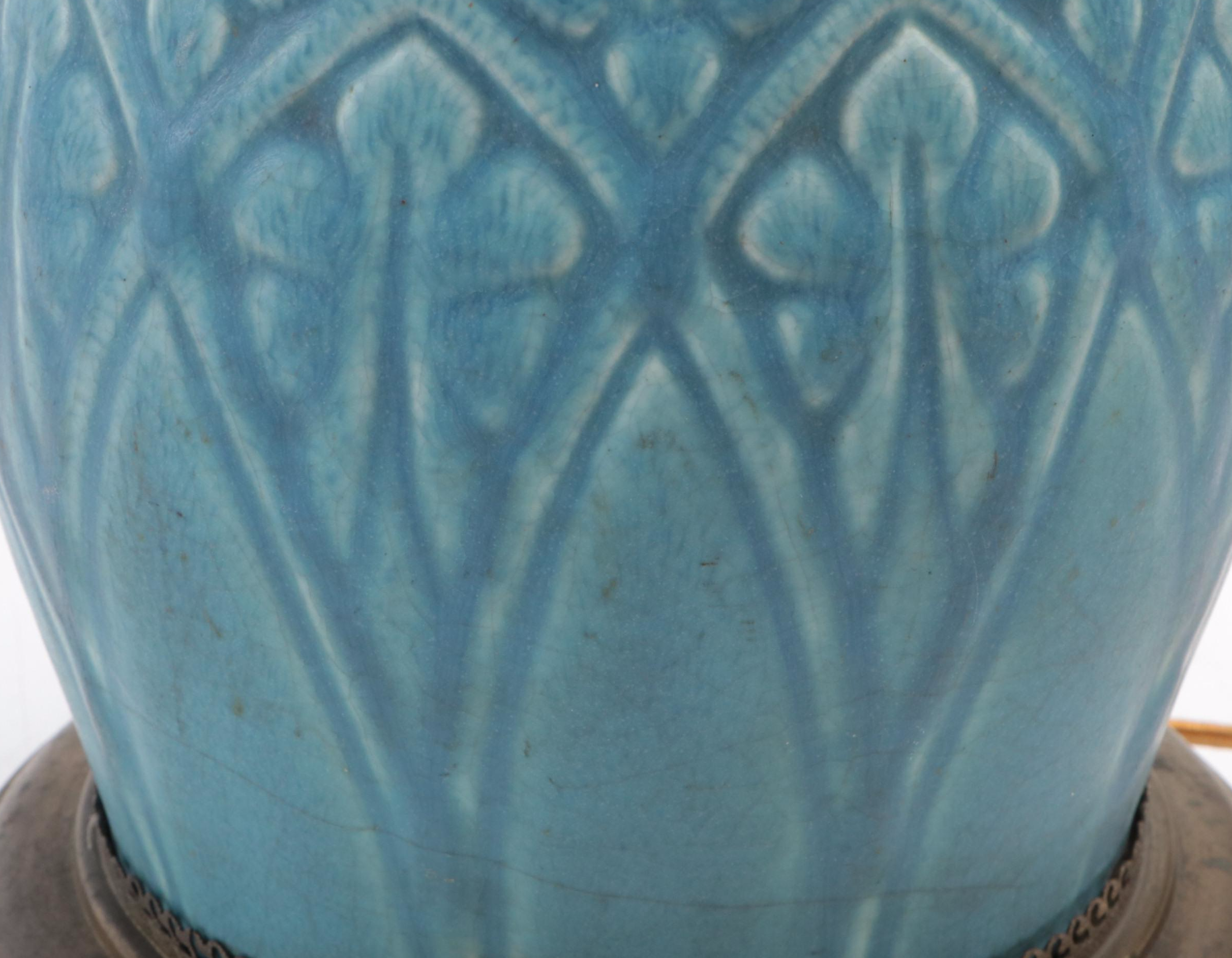 Arts and Crafts Blue Matte Glaze Lamp Attributed to Rookwood Pottery