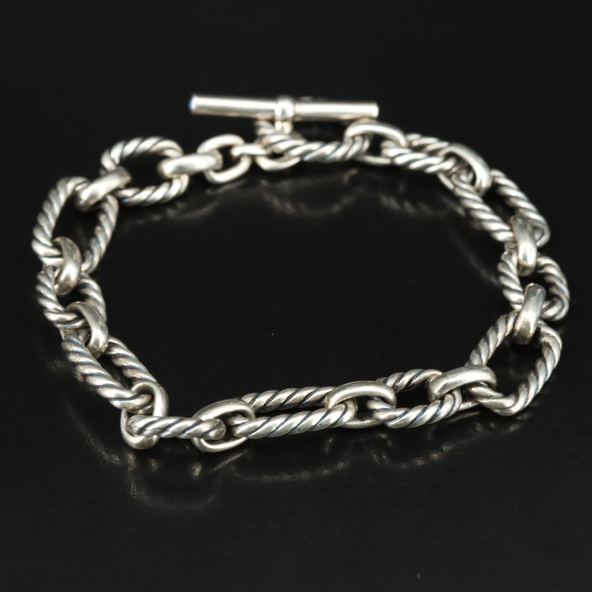 David Yurman Sterling Cable Cushion Link Toggle Bracelet with Sapphire Accents