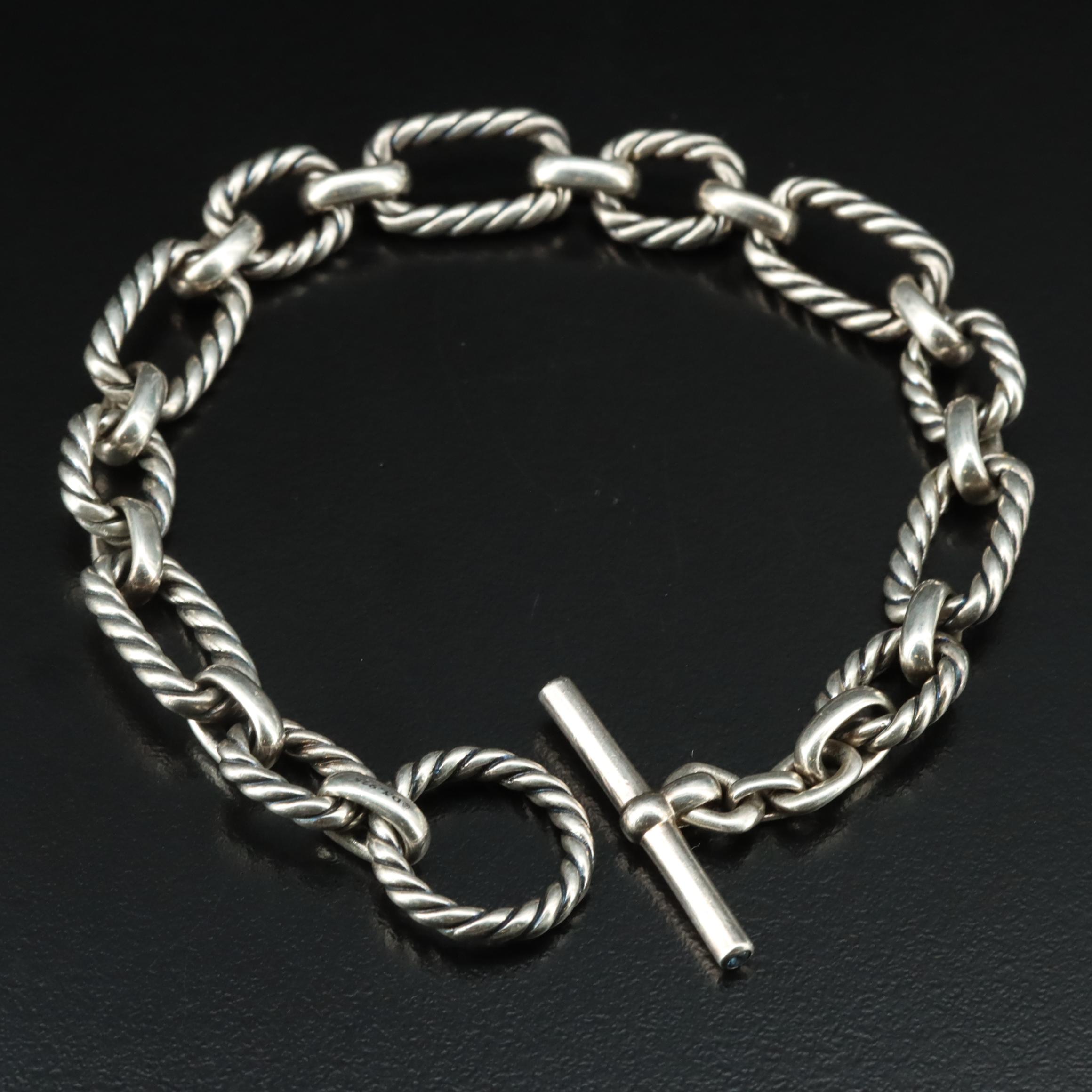 David Yurman Sterling Cable Cushion Link Toggle Bracelet with Sapphire Accents