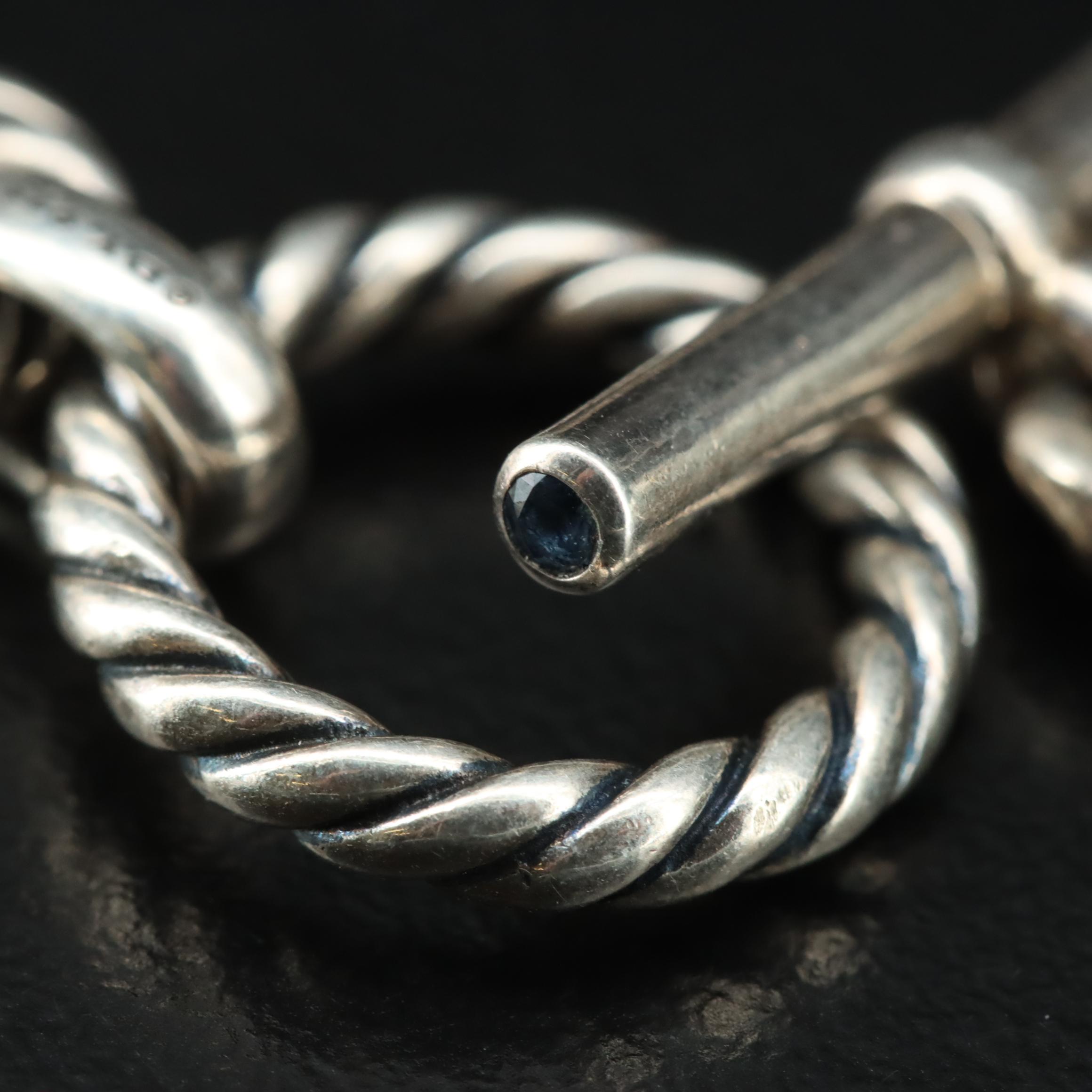 David Yurman Sterling Cable Cushion Link Toggle Bracelet with Sapphire Accents