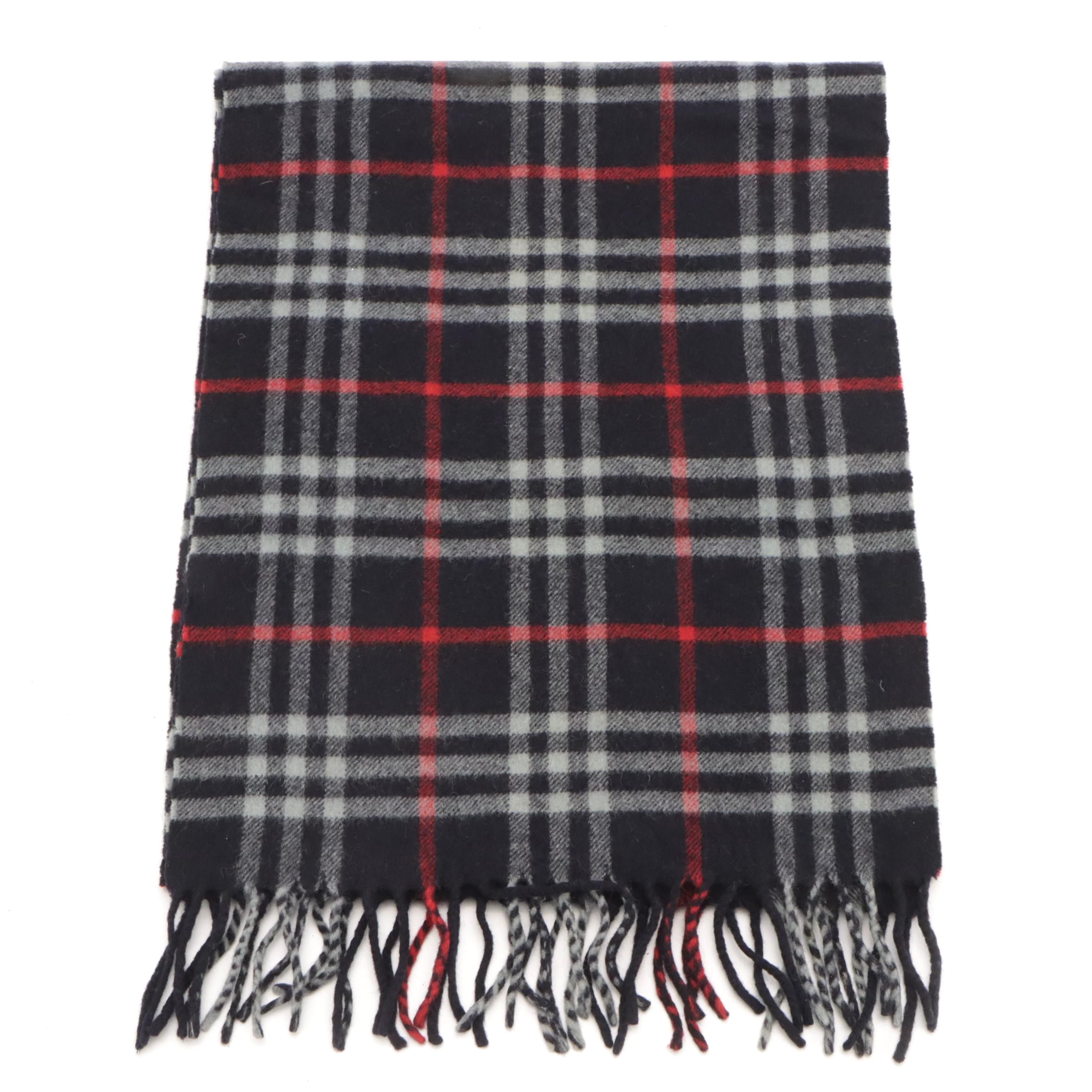 Burberrys Fringe Scarf in Navy Blue Nova Check Lambswool