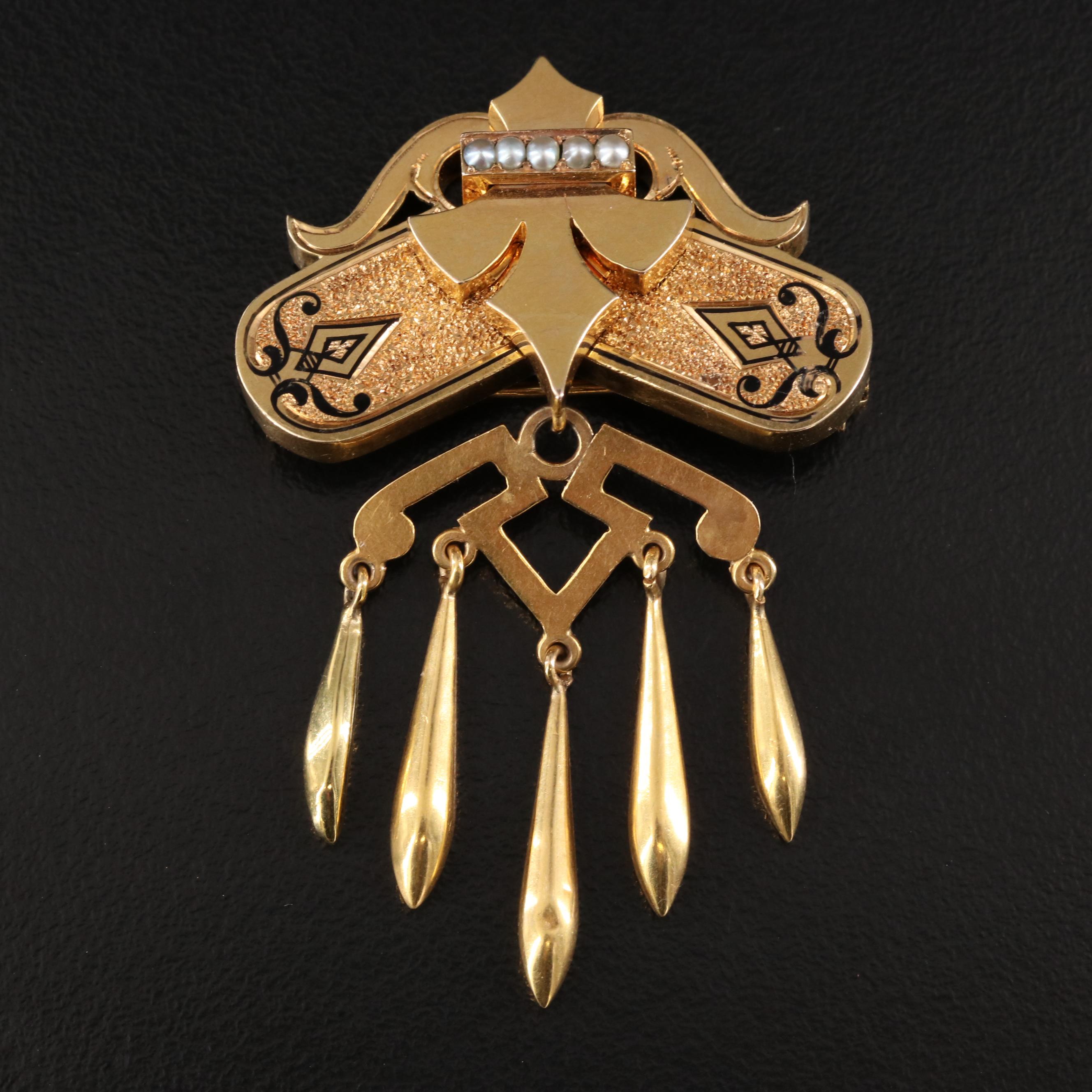Antique 14K Torpedo Tassel Brooch with Pearls and Enamel Tracery