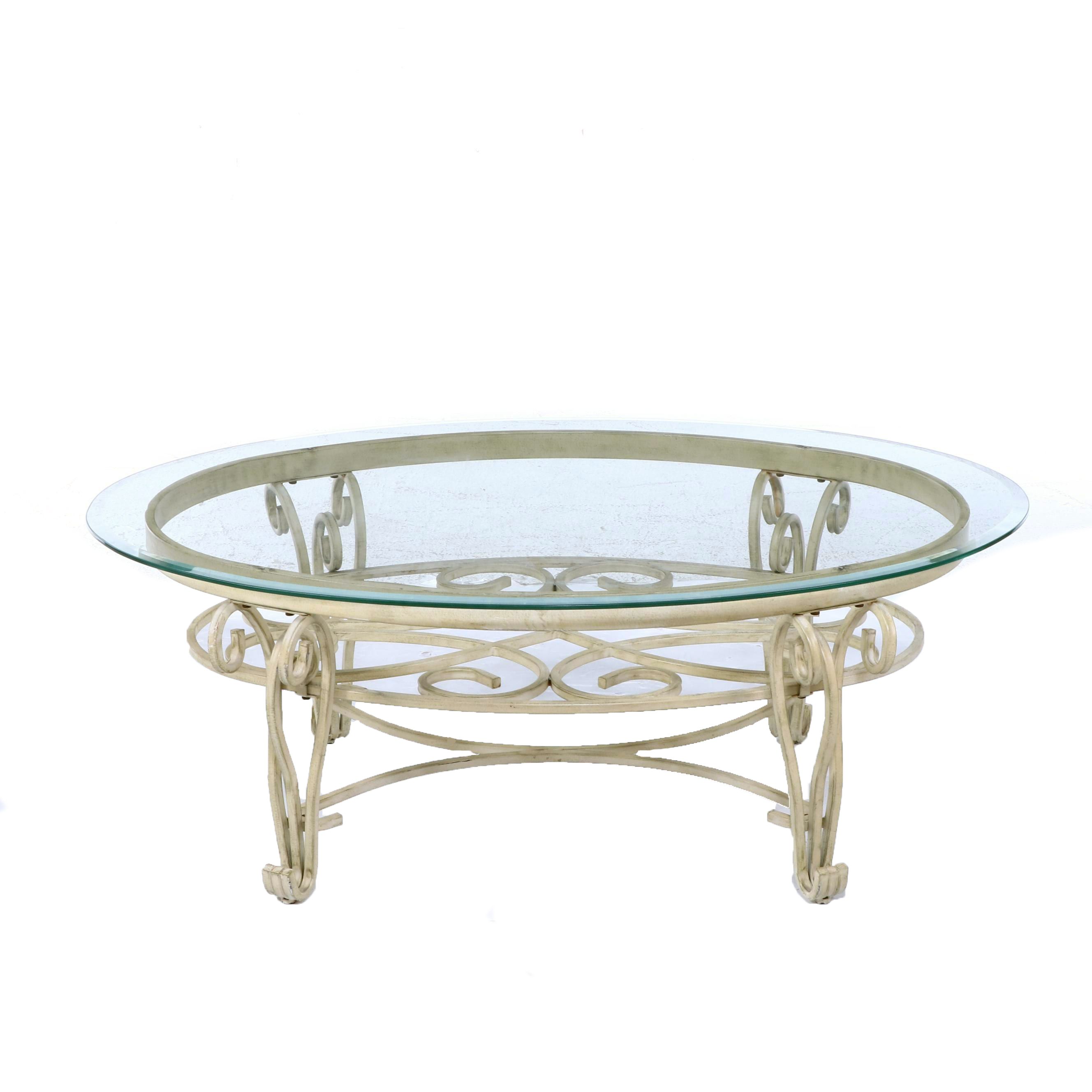 Neoclassical Style Painted and Scrolled Metal Coffee Table with Glass Top