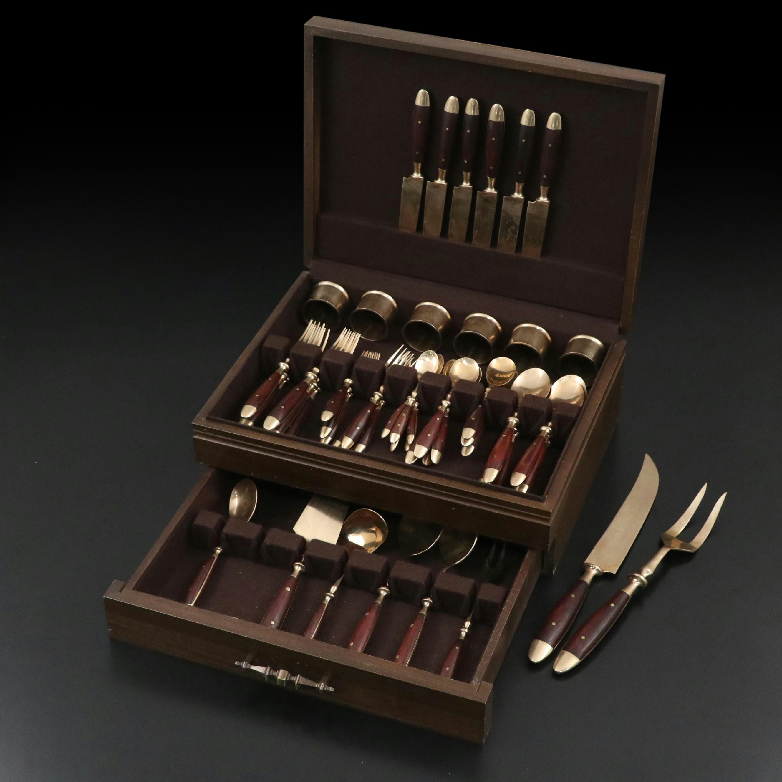 Southeast Asian Style Brass and Wooden Handled Flatware in Storage Case