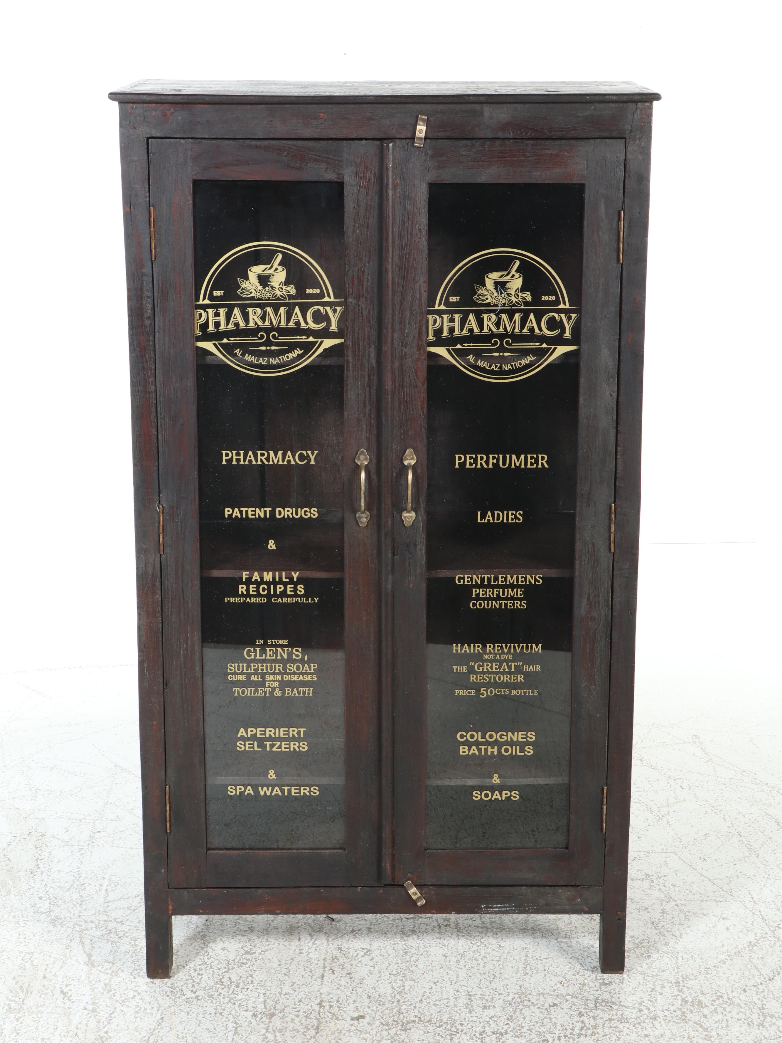 Primitive Style Teak and Glass Pharmacy Cabinet