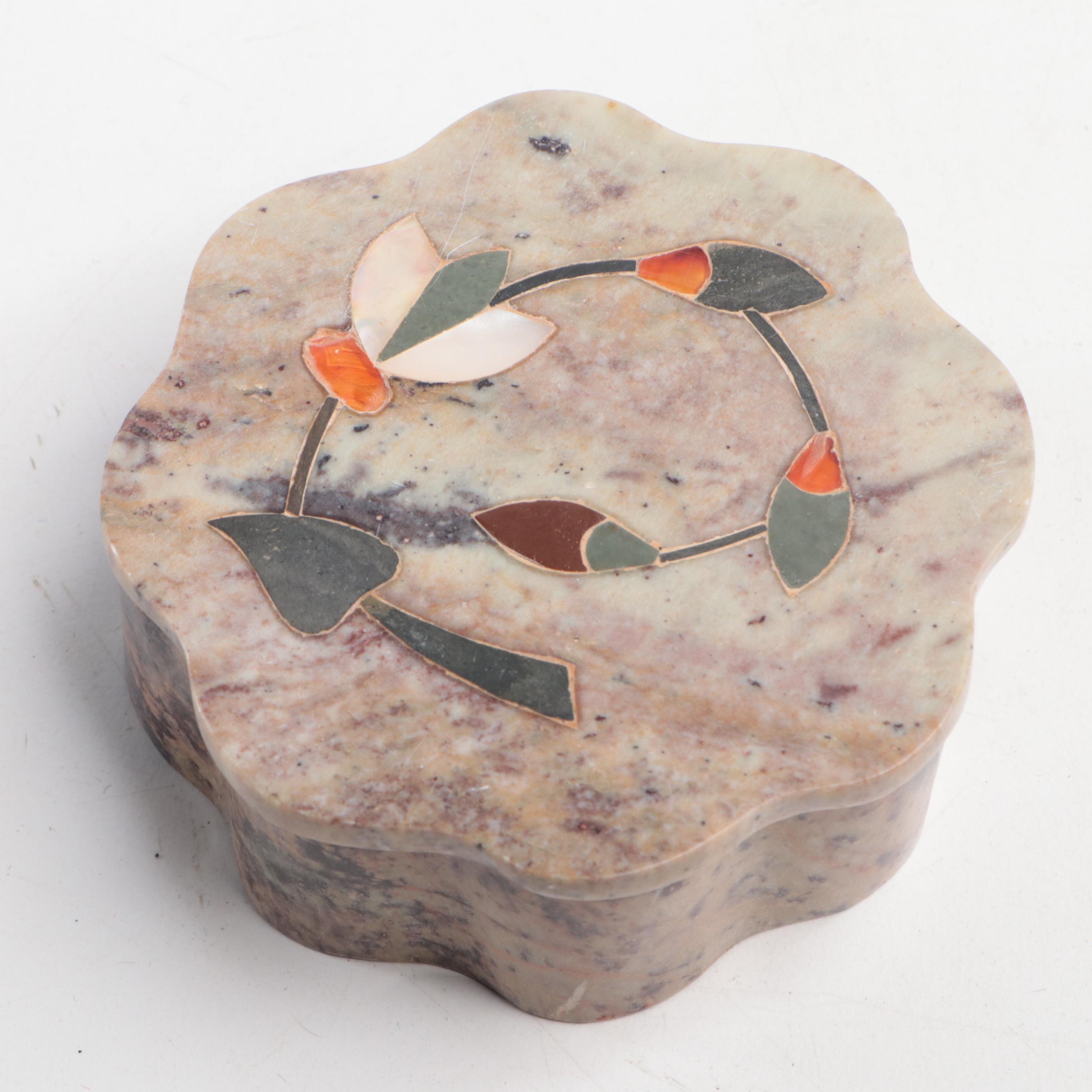 Indian Soapstone Box with Stone & Mother-Of-Pearl Inlay, More Table Accessories