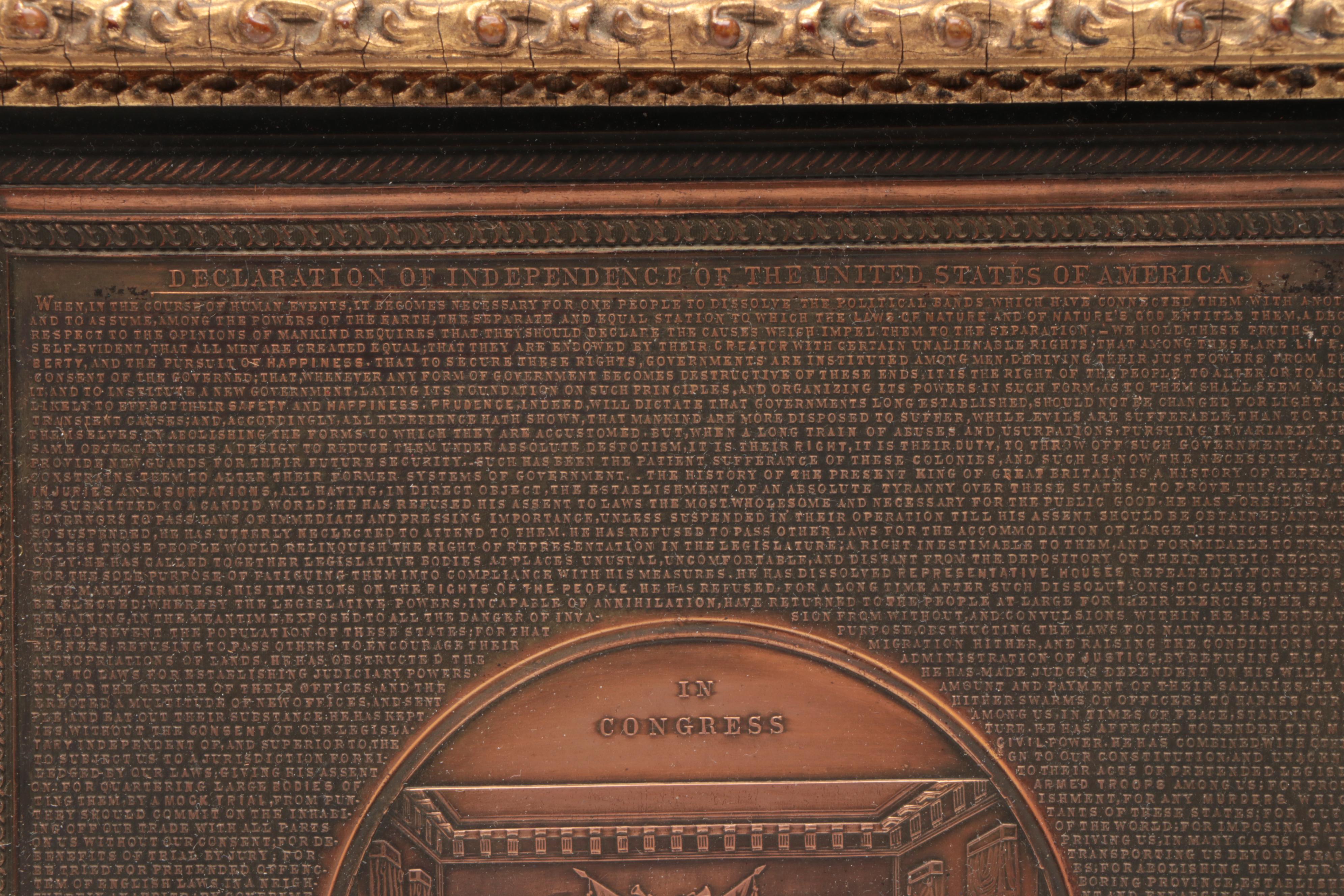 Framed Copper Plated Declaration of Independence Plaque after Samuel H. Black