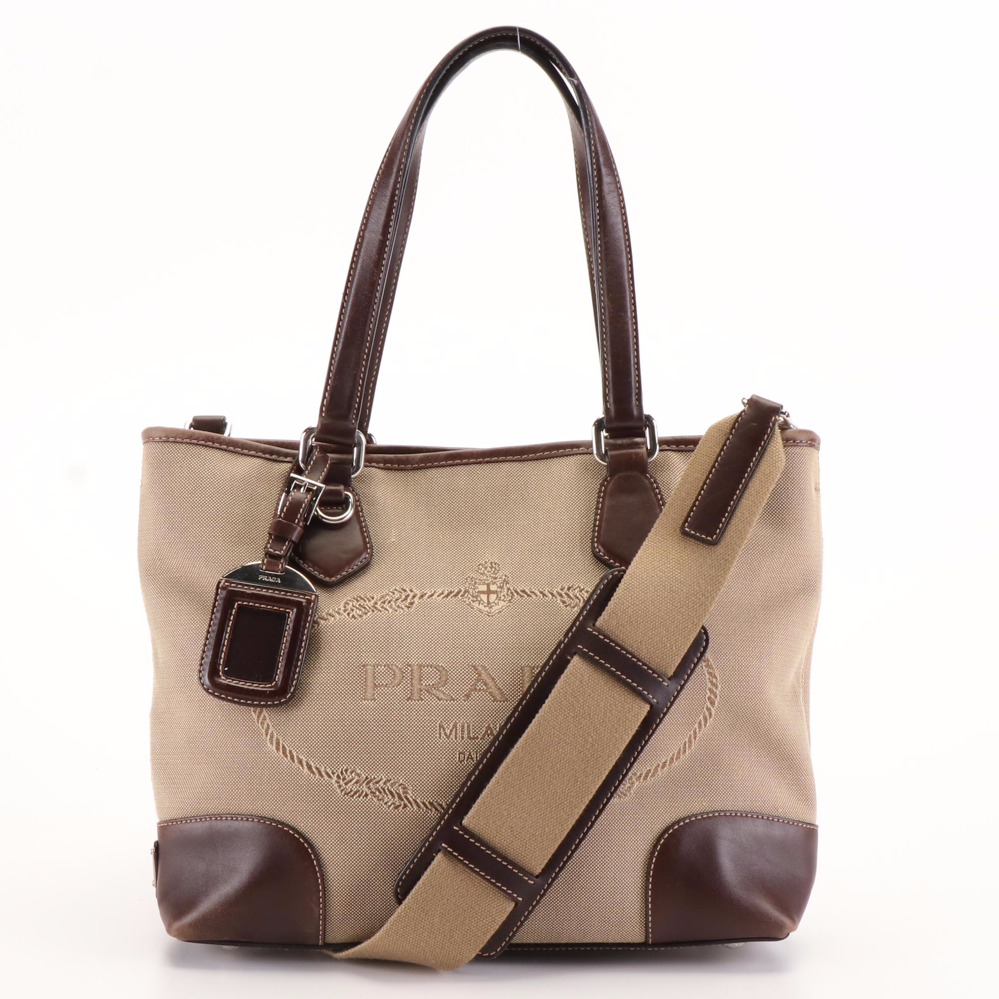 Prada Canapa Logo Canvas Jacquard and Leather Shoulder Tote Bag