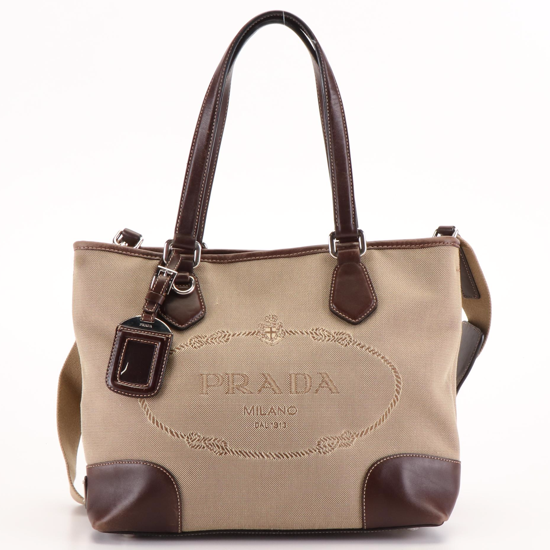 Prada Canapa Logo Canvas Jacquard and Leather Shoulder Tote Bag