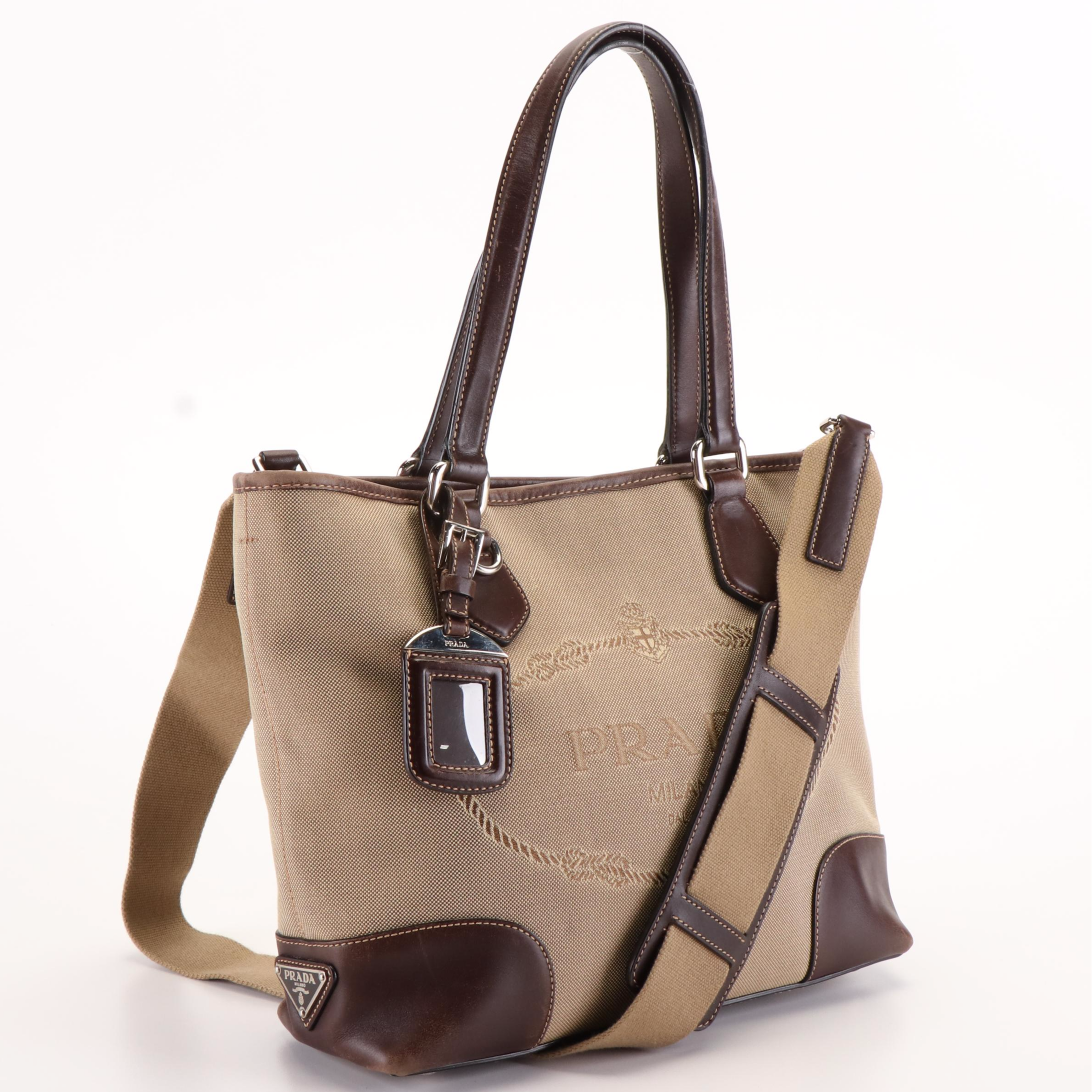 Prada Canapa Logo Canvas Jacquard and Leather Shoulder Tote Bag