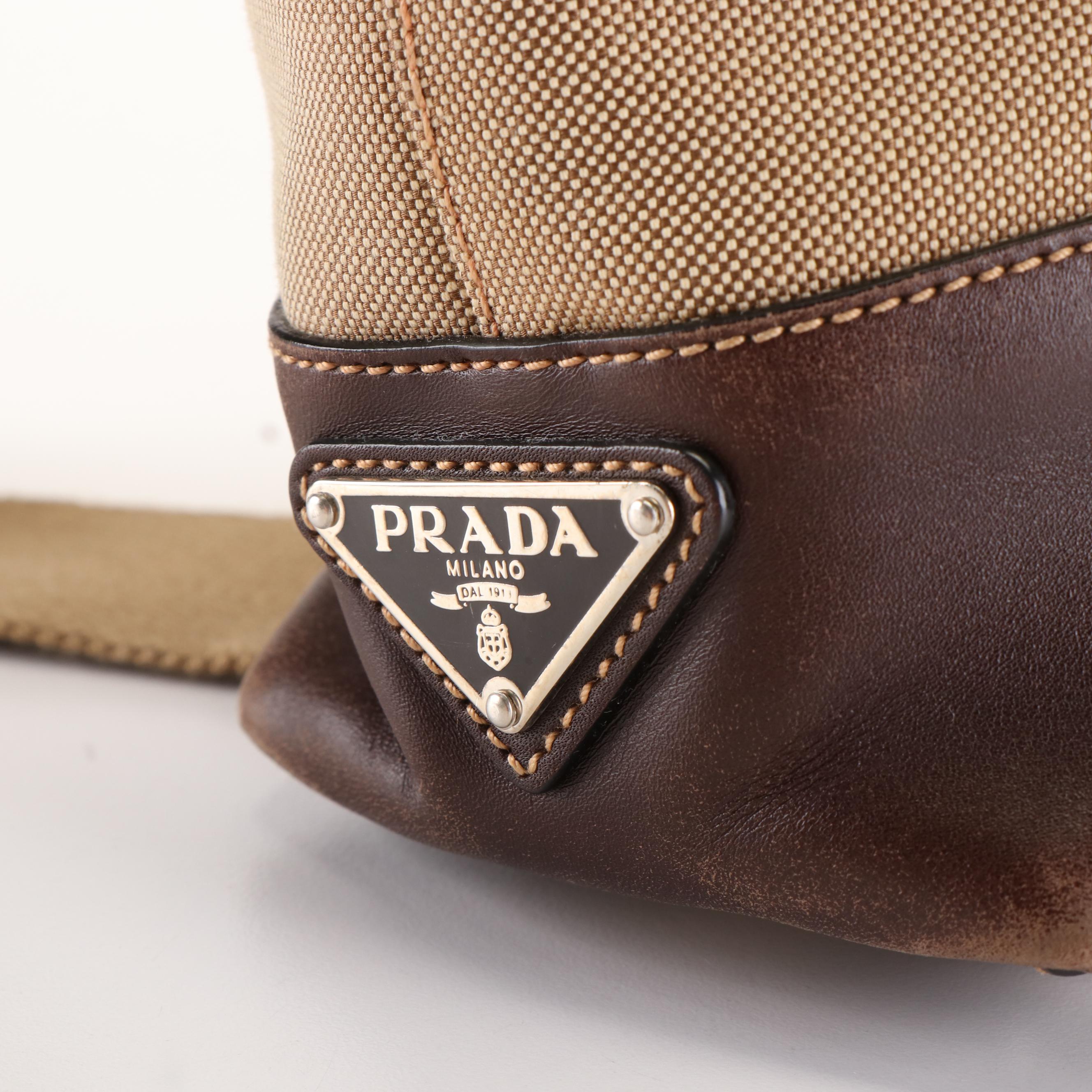 Prada Canapa Logo Canvas Jacquard and Leather Shoulder Tote Bag
