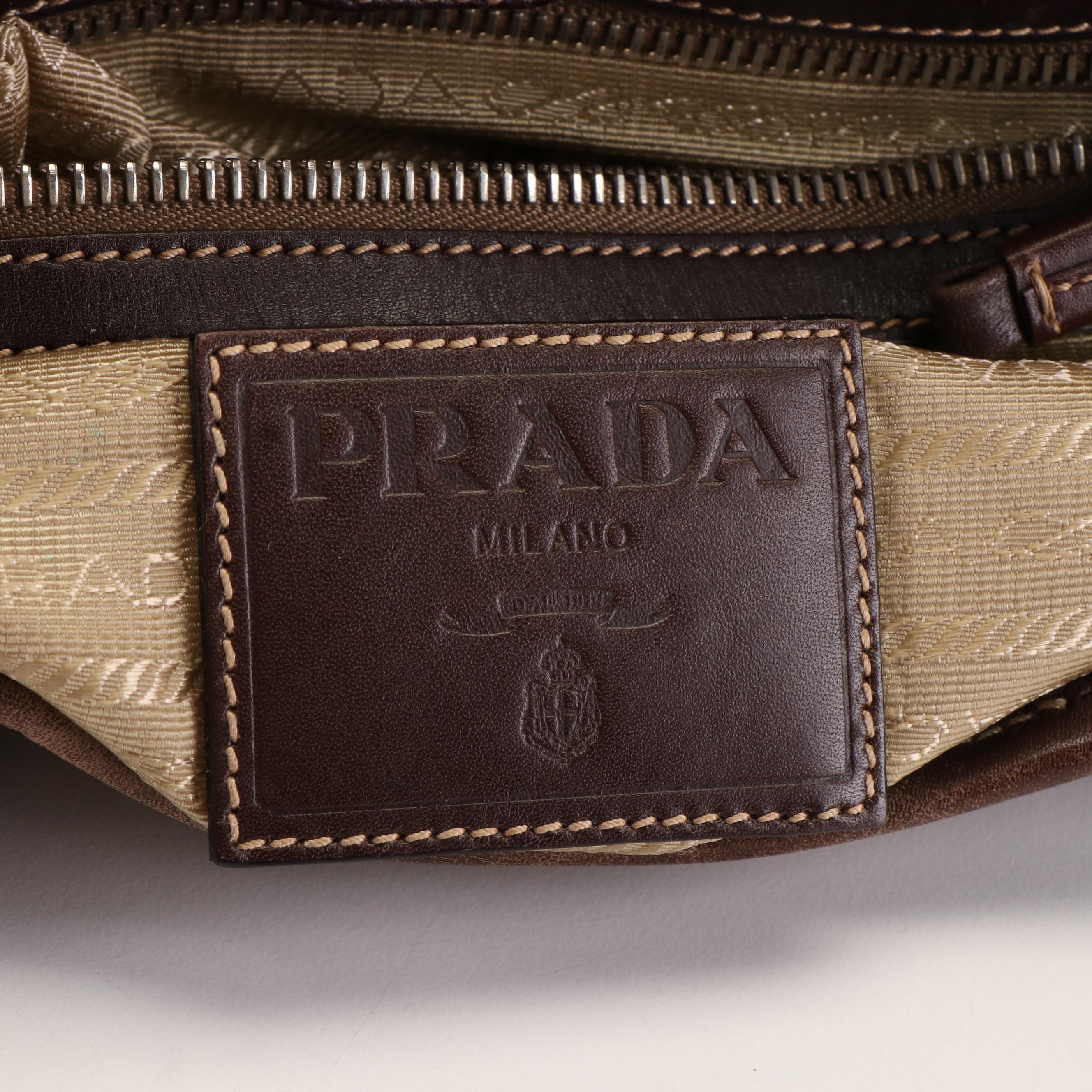Prada Canapa Logo Canvas Jacquard and Leather Shoulder Tote Bag