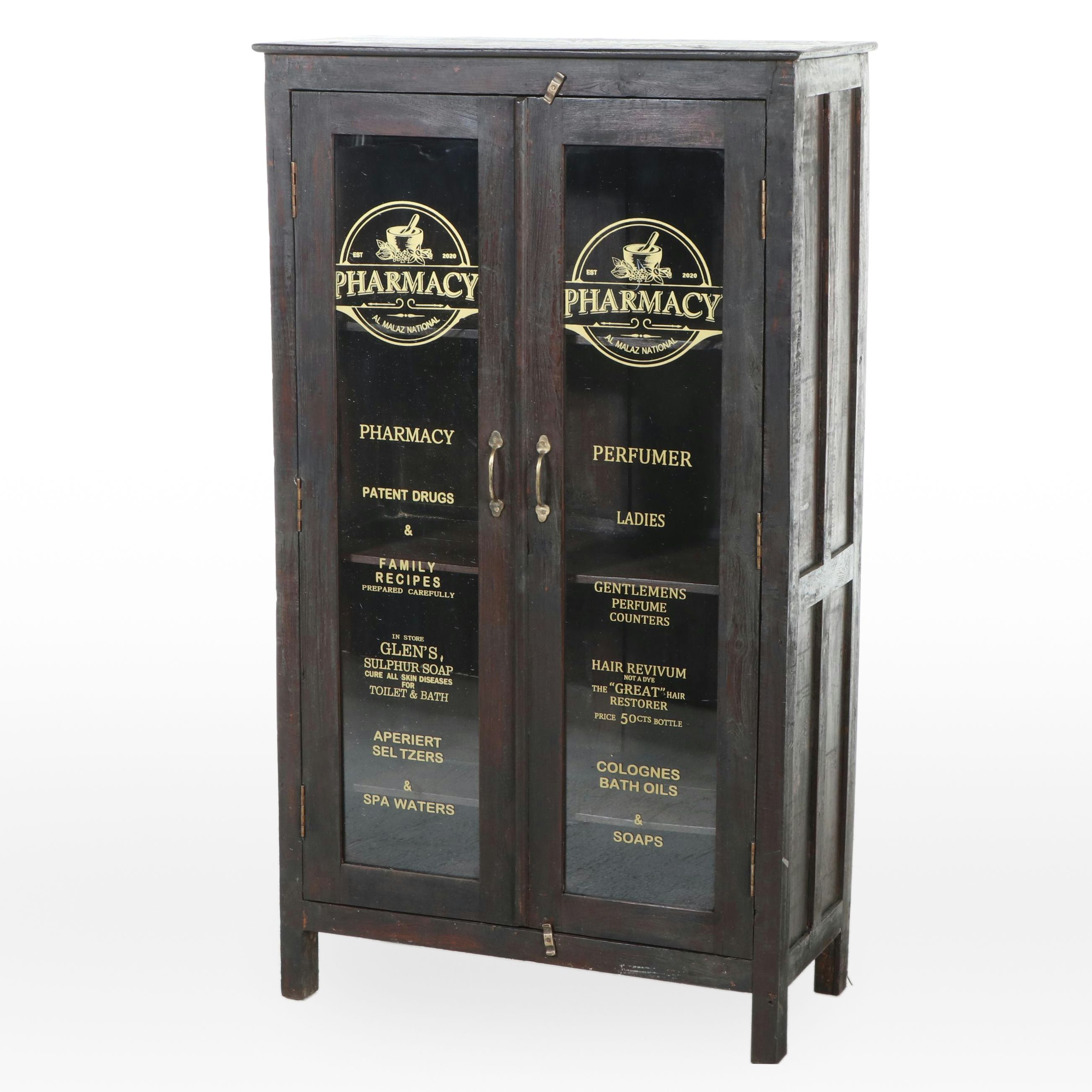 Primitive Style Teak and Glass Pharmacy Cabinet