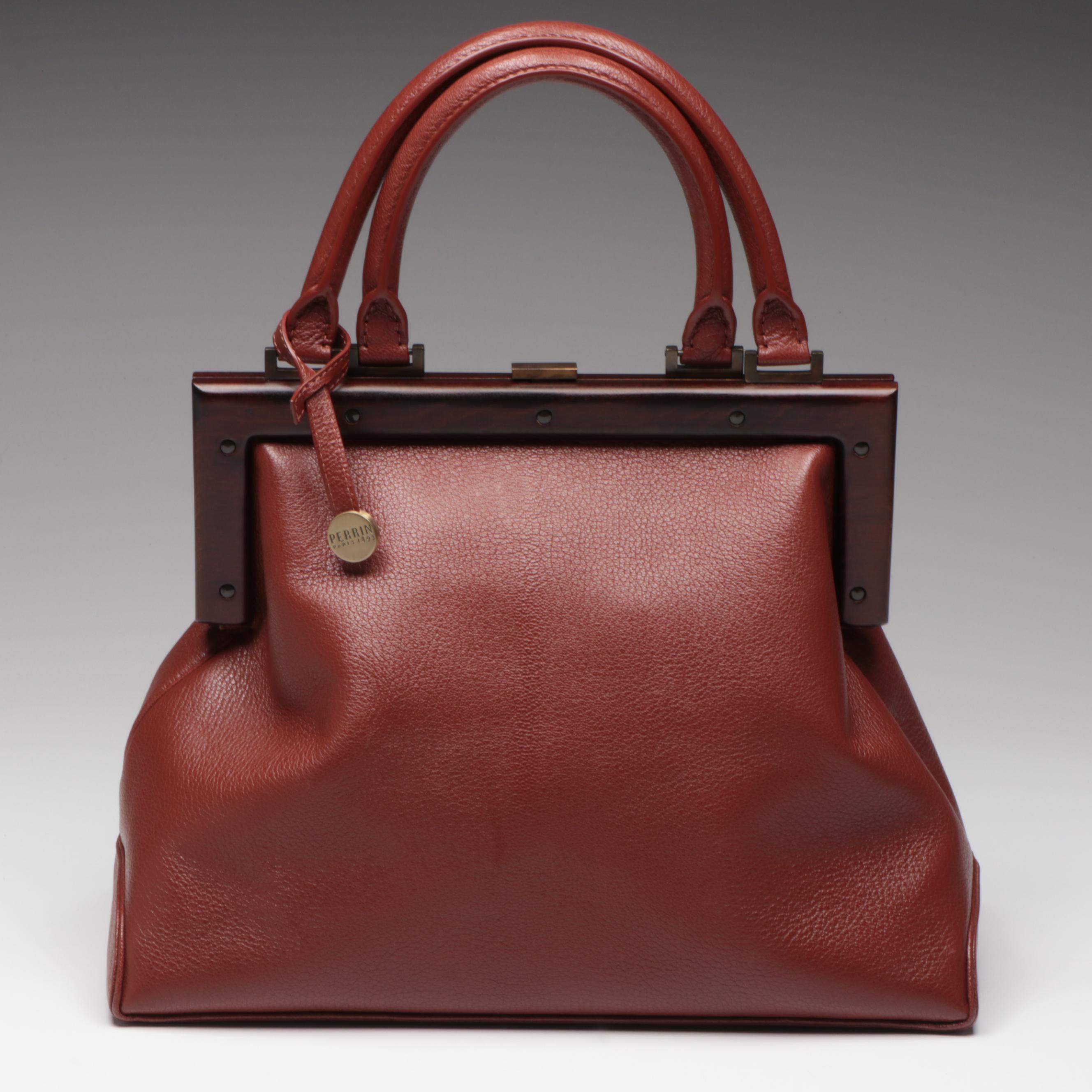 Perrin Top Handle Framed Handbag in Brown Grained Leather