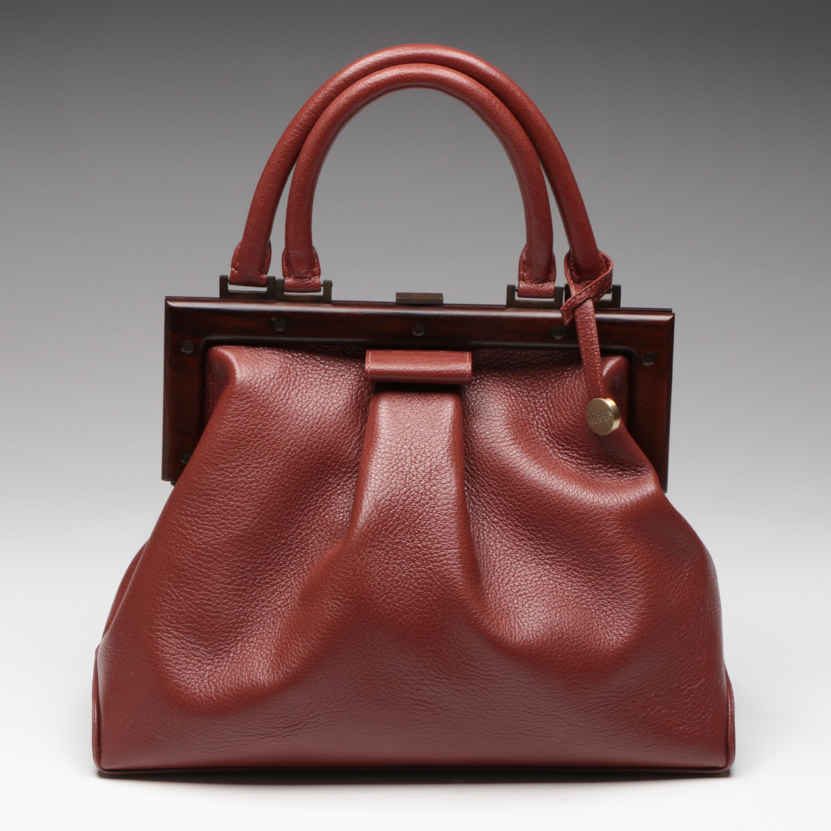 Perrin Top Handle Framed Handbag in Brown Grained Leather