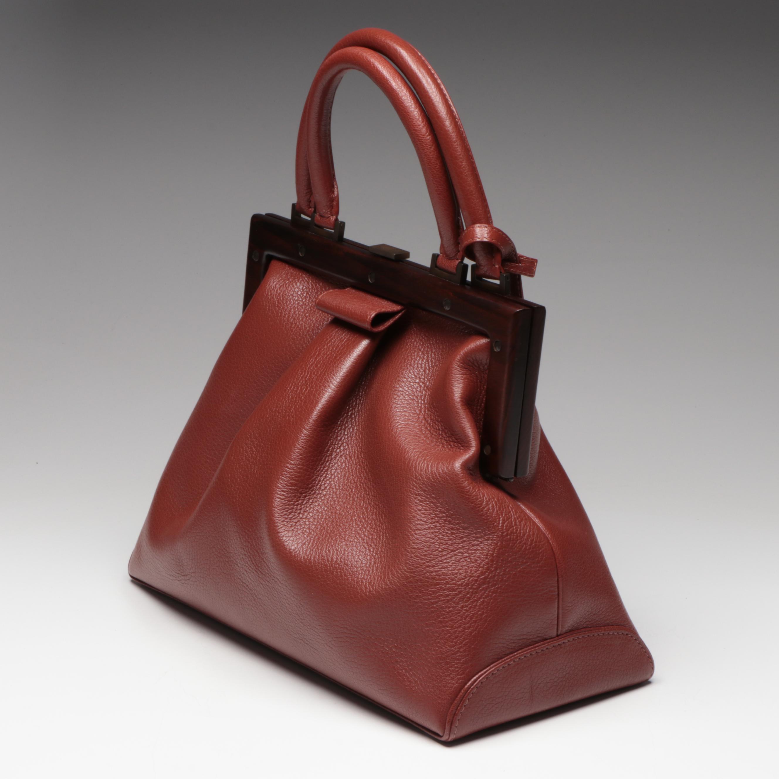 Perrin Top Handle Framed Handbag in Brown Grained Leather