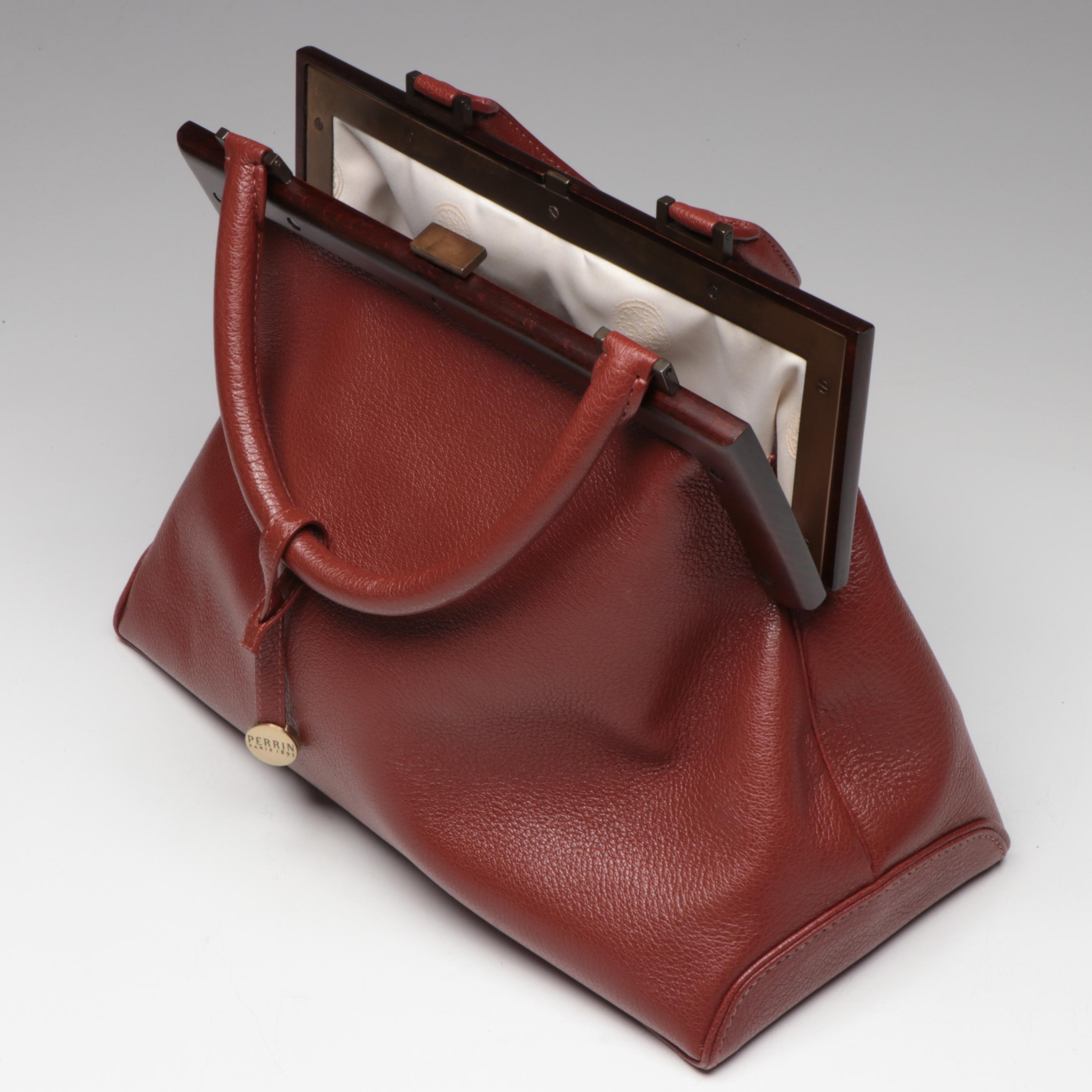 Perrin Top Handle Framed Handbag in Brown Grained Leather