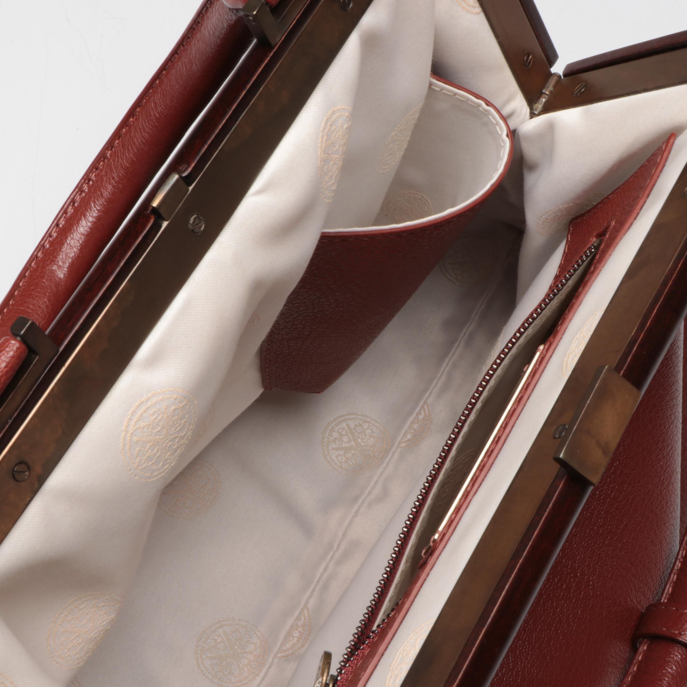 Perrin Top Handle Framed Handbag in Brown Grained Leather