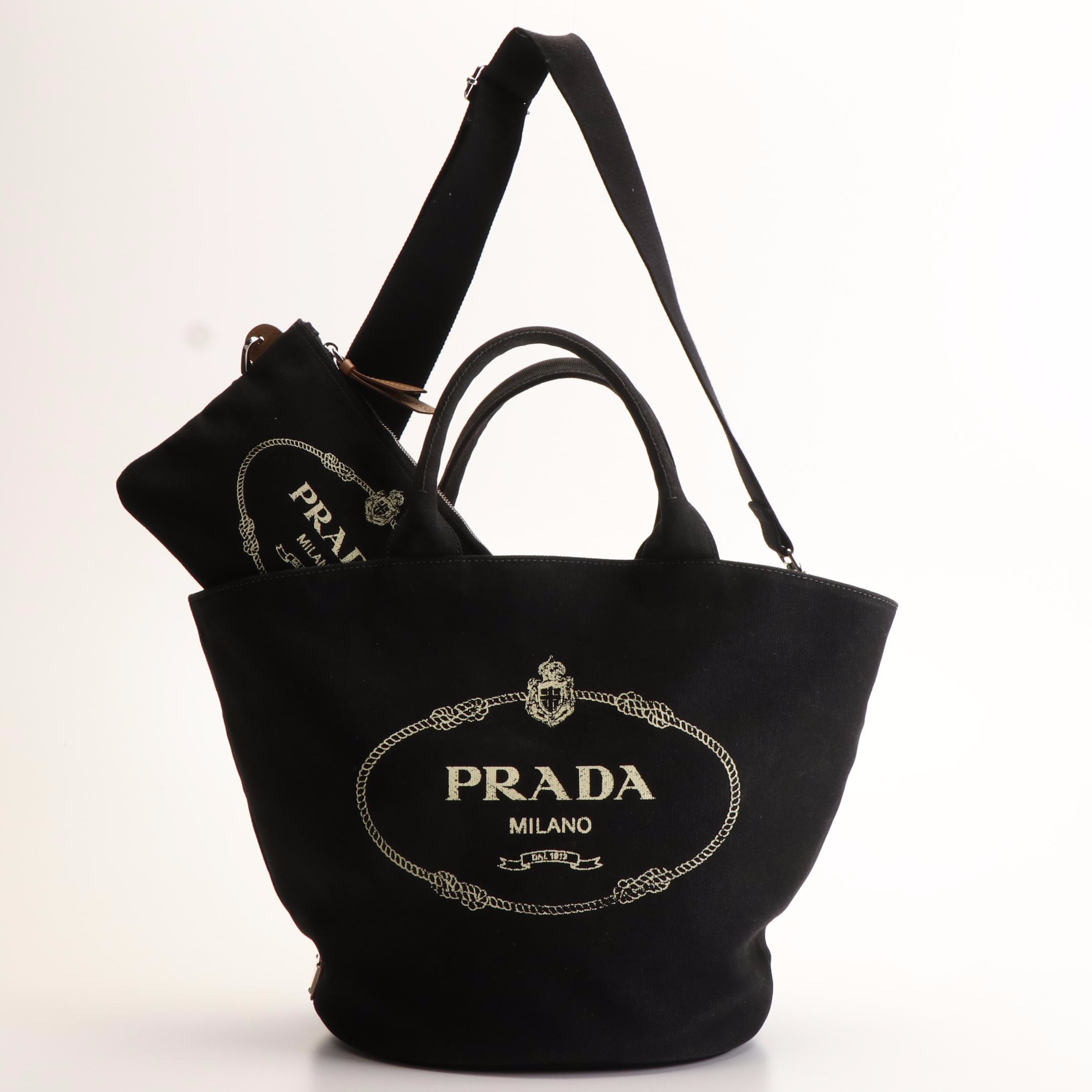Prada Canapa 2Way Tote with Pochette in Black Canvas