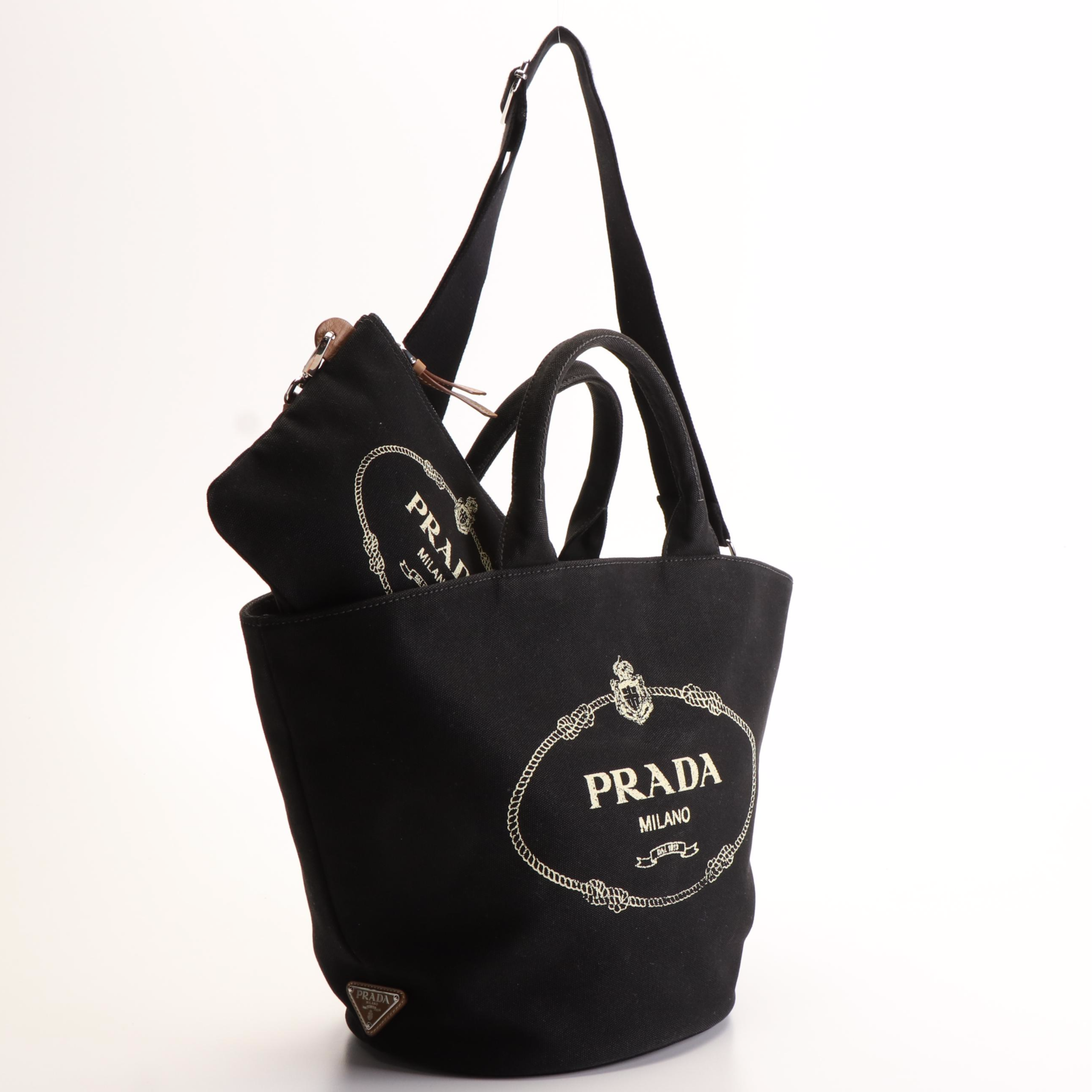 Prada Canapa 2Way Tote with Pochette in Black Canvas