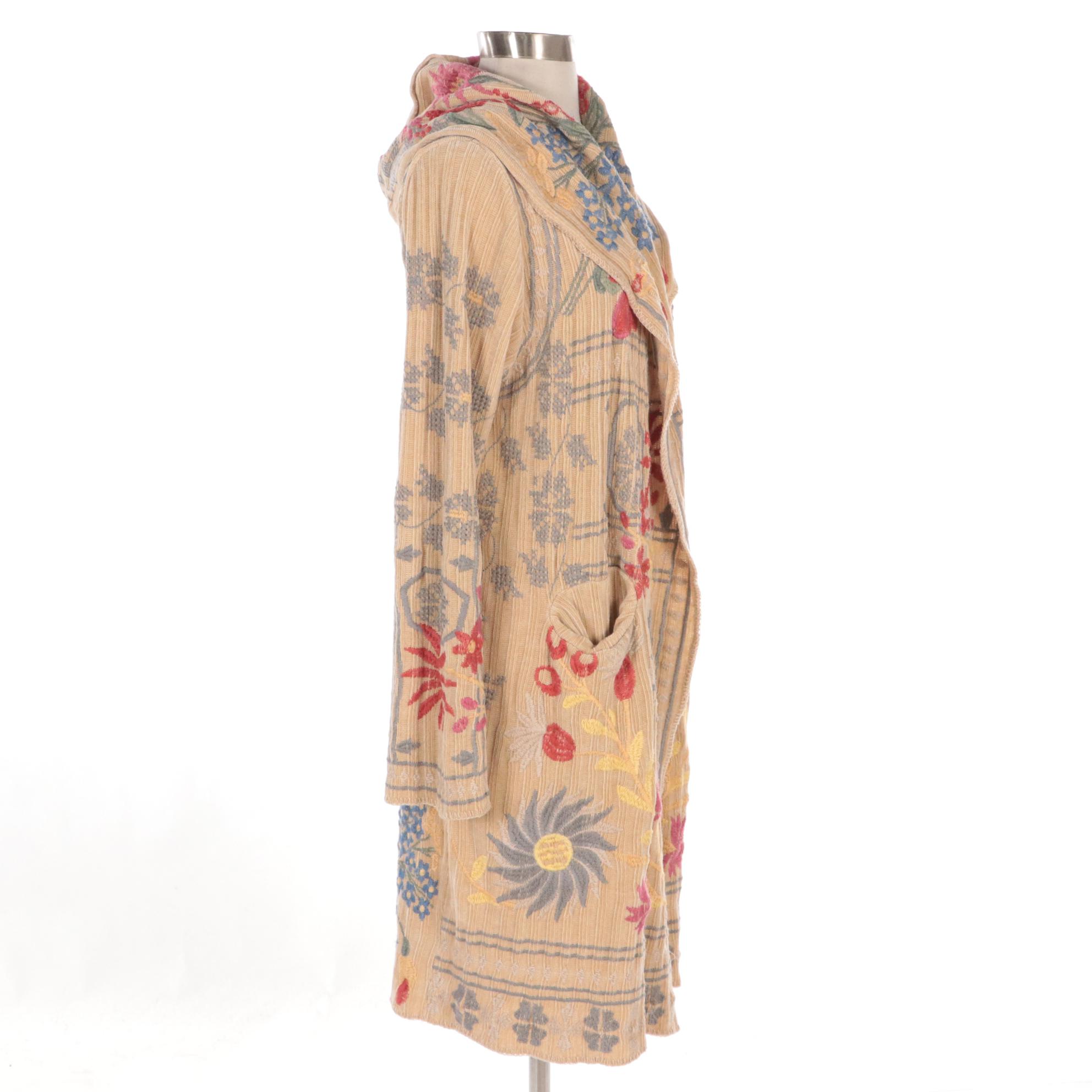 Johnny Was Floral Embroidered Chenille Knit Hooded Mid-Length Sweater