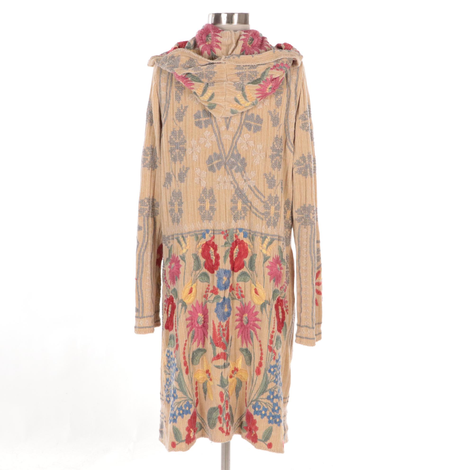 Johnny Was Floral Embroidered Chenille Knit Hooded Mid-Length Sweater