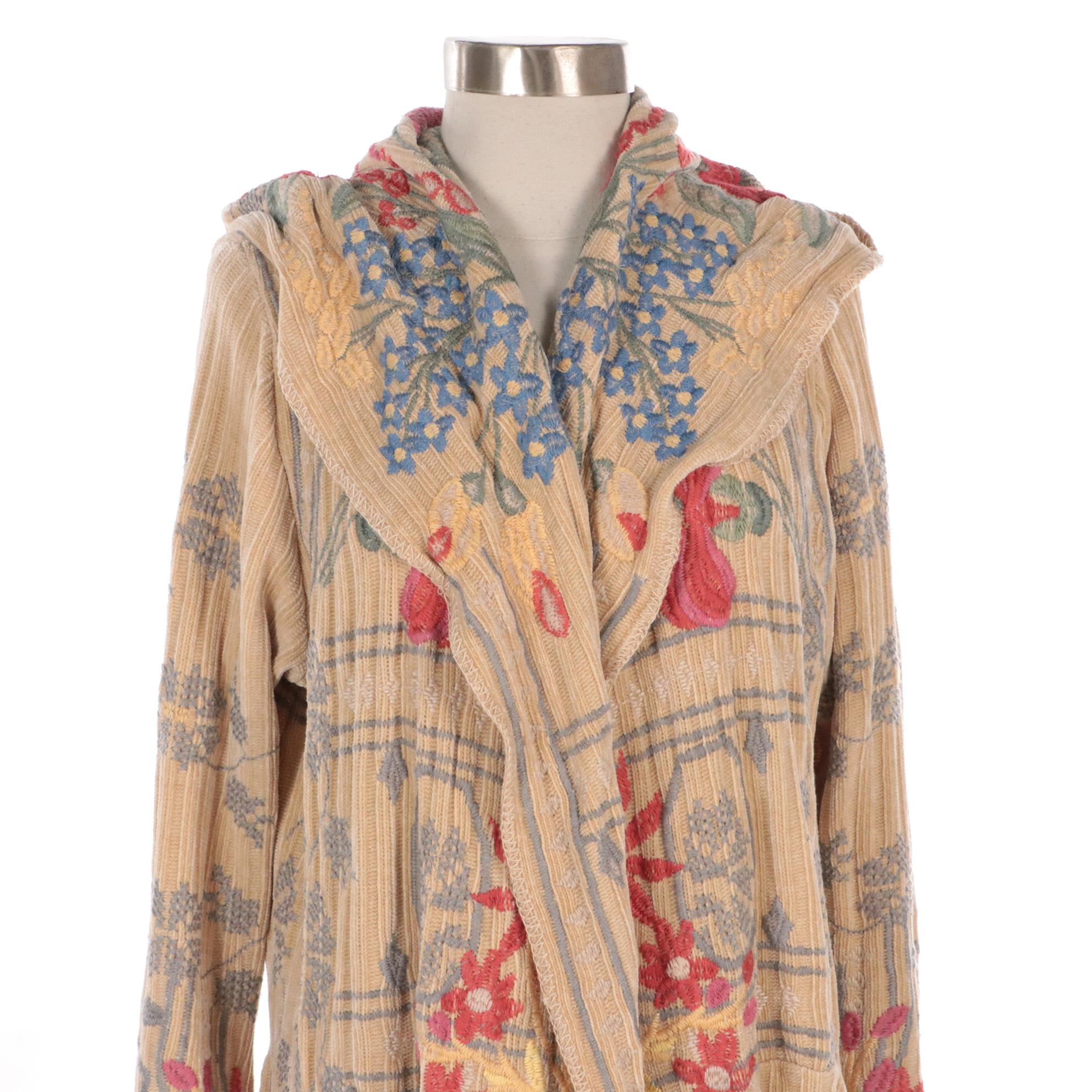 Johnny Was Floral Embroidered Chenille Knit Hooded Mid-Length Sweater
