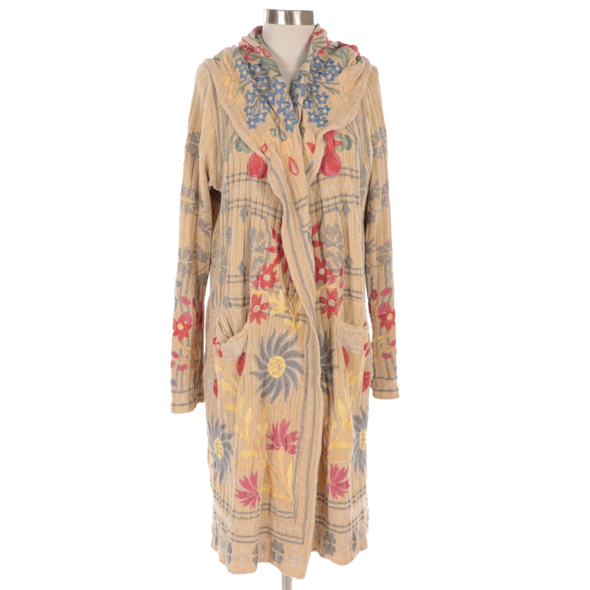 Johnny Was Floral Embroidered Chenille Knit Hooded Mid-Length Sweater