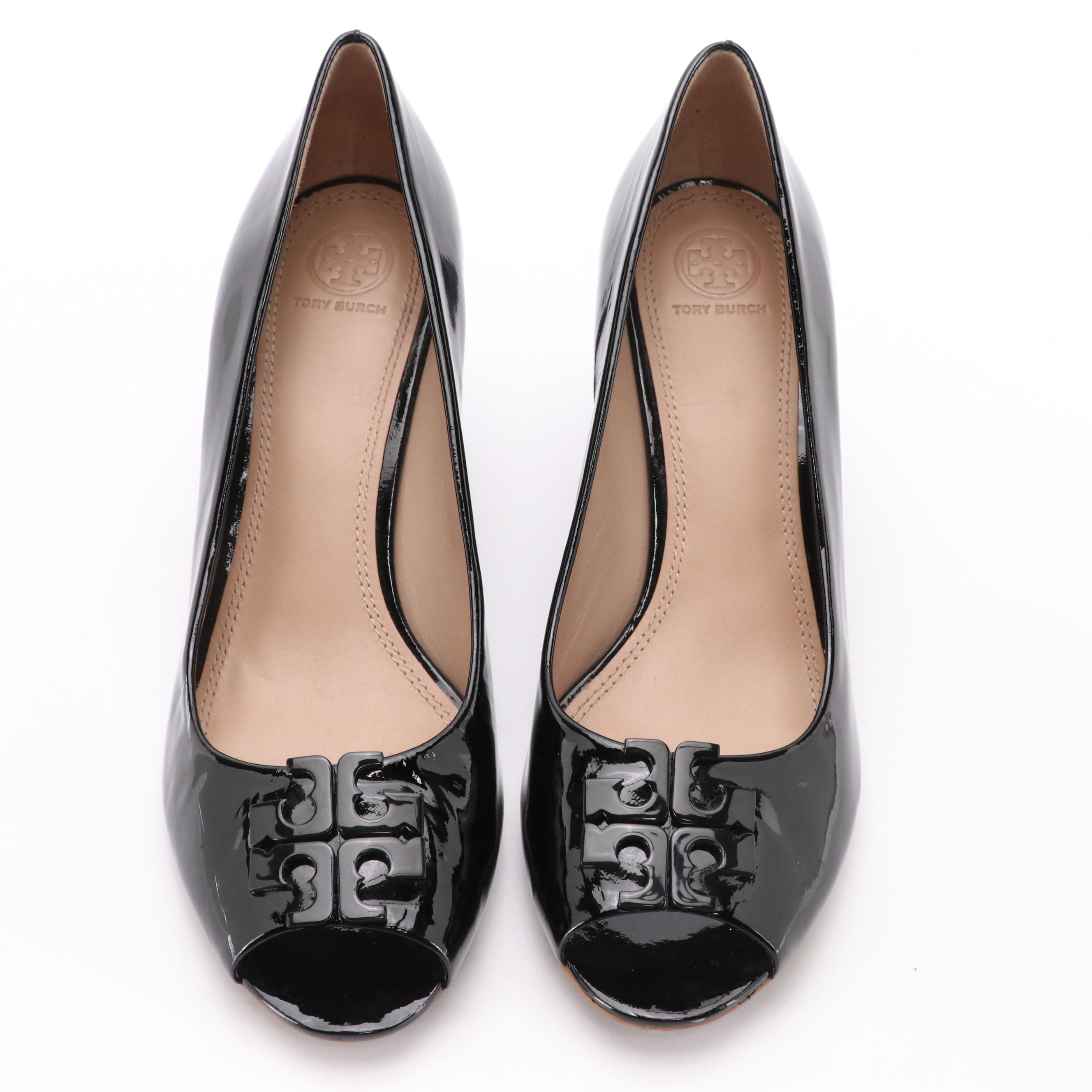 Tory Burch Lowell Black Patent Leather Peep-Toe Wedges