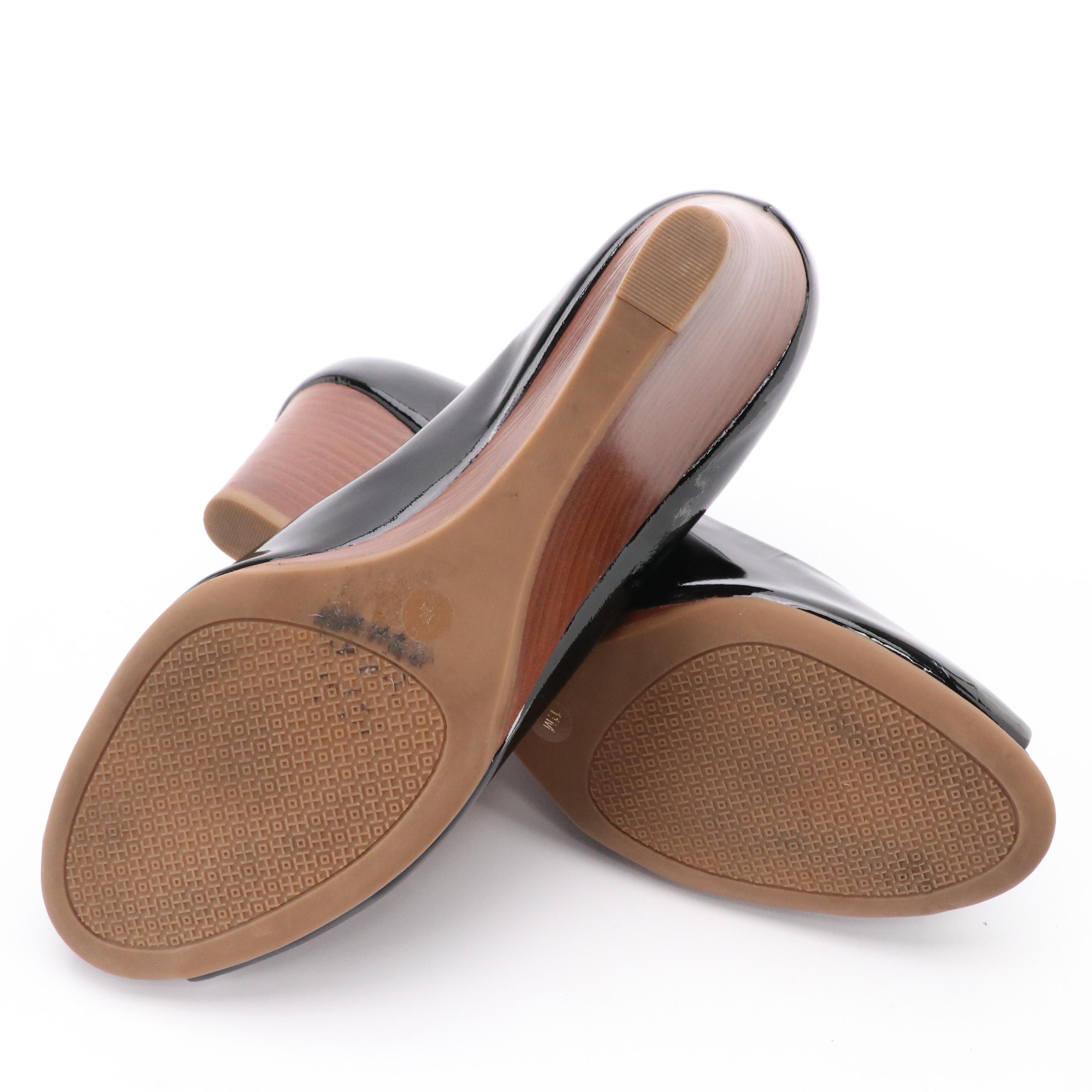 Tory Burch Lowell Black Patent Leather Peep-Toe Wedges