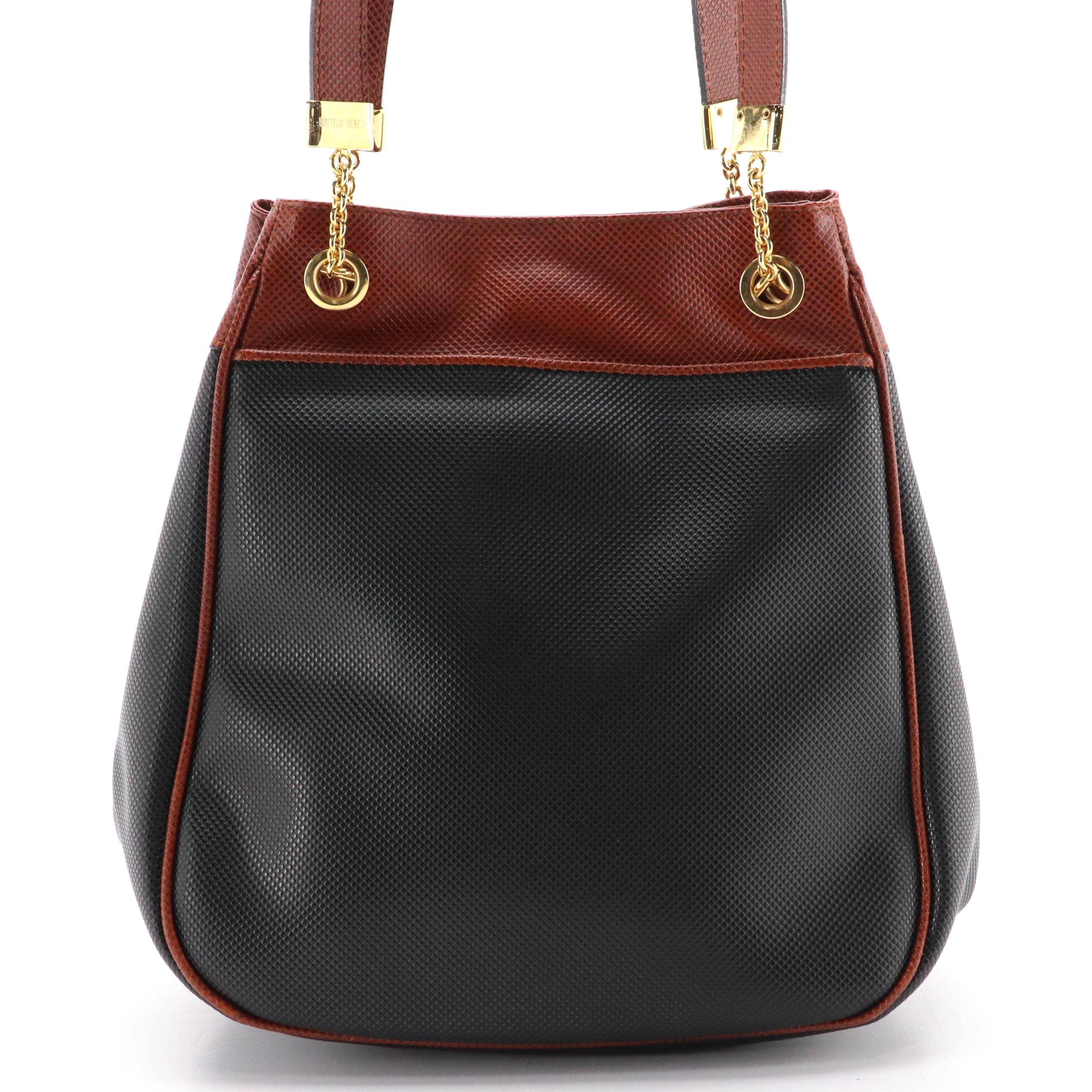 Bottega Veneta Marco Polo Shoulder Bag in Black Rubberized Canvas and Leather