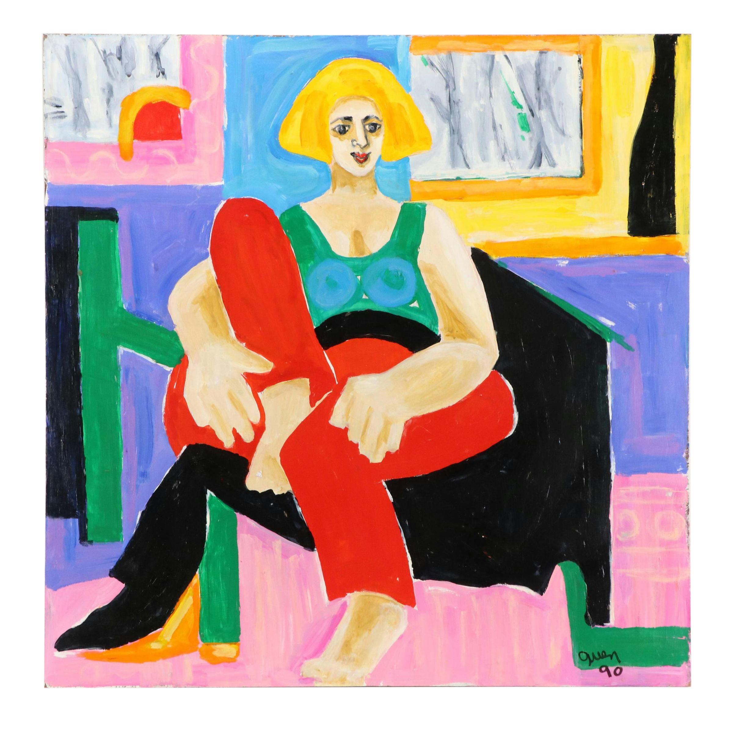 Gwen Doppler Modernist Acrylic Portrait of a Seated Woman, 1990
