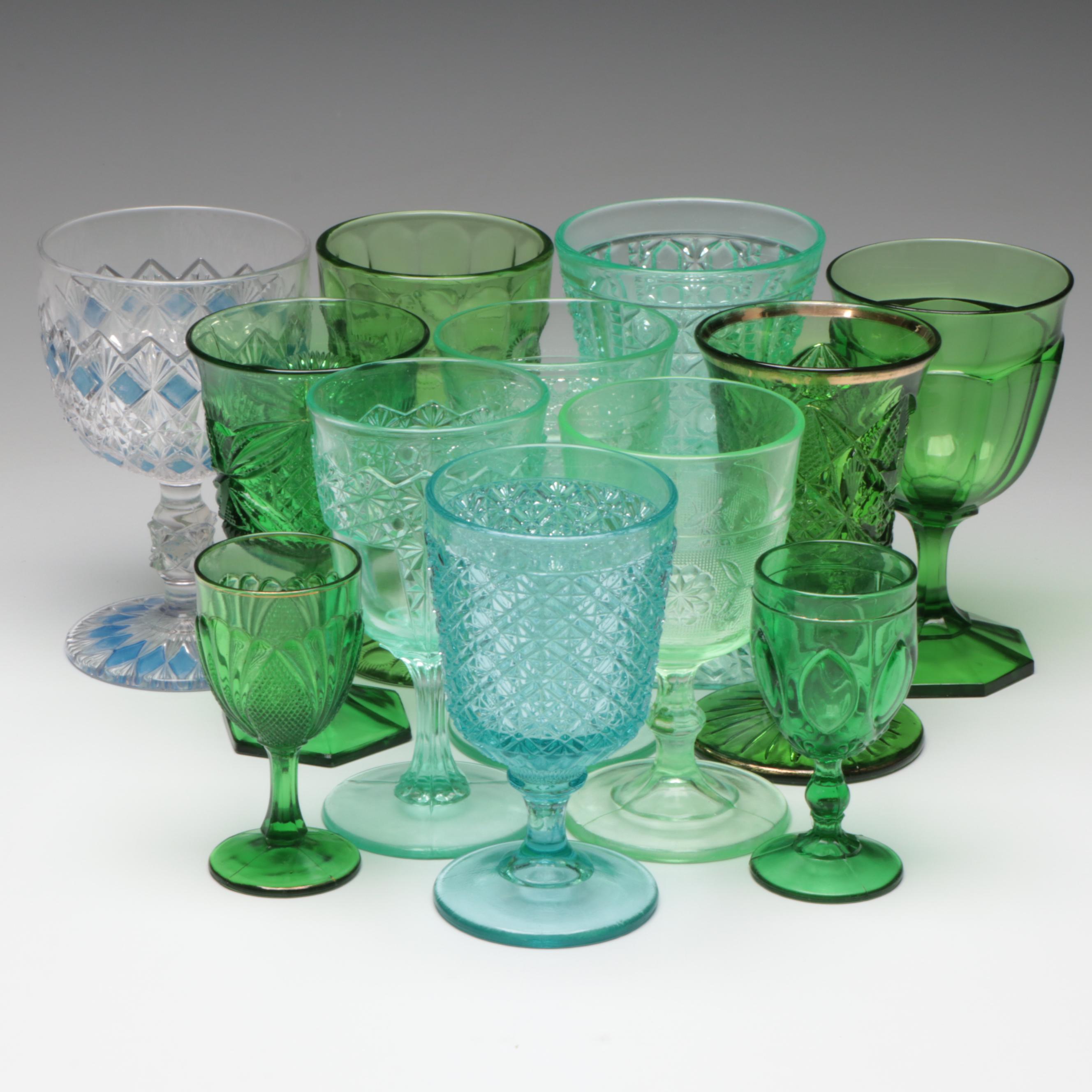 Early American Pressed Glass Style Uranium Glass Water Goblet and More