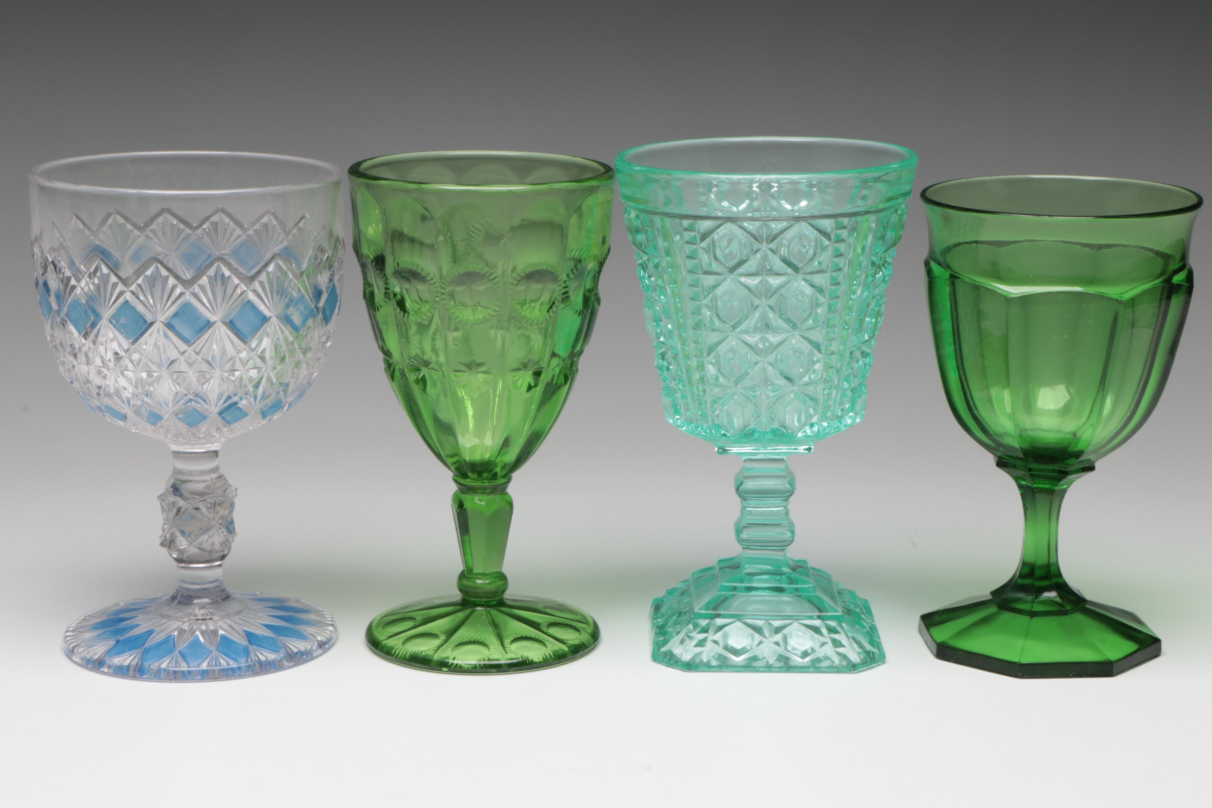 Early American Pressed Glass Style Uranium Glass Water Goblet and More