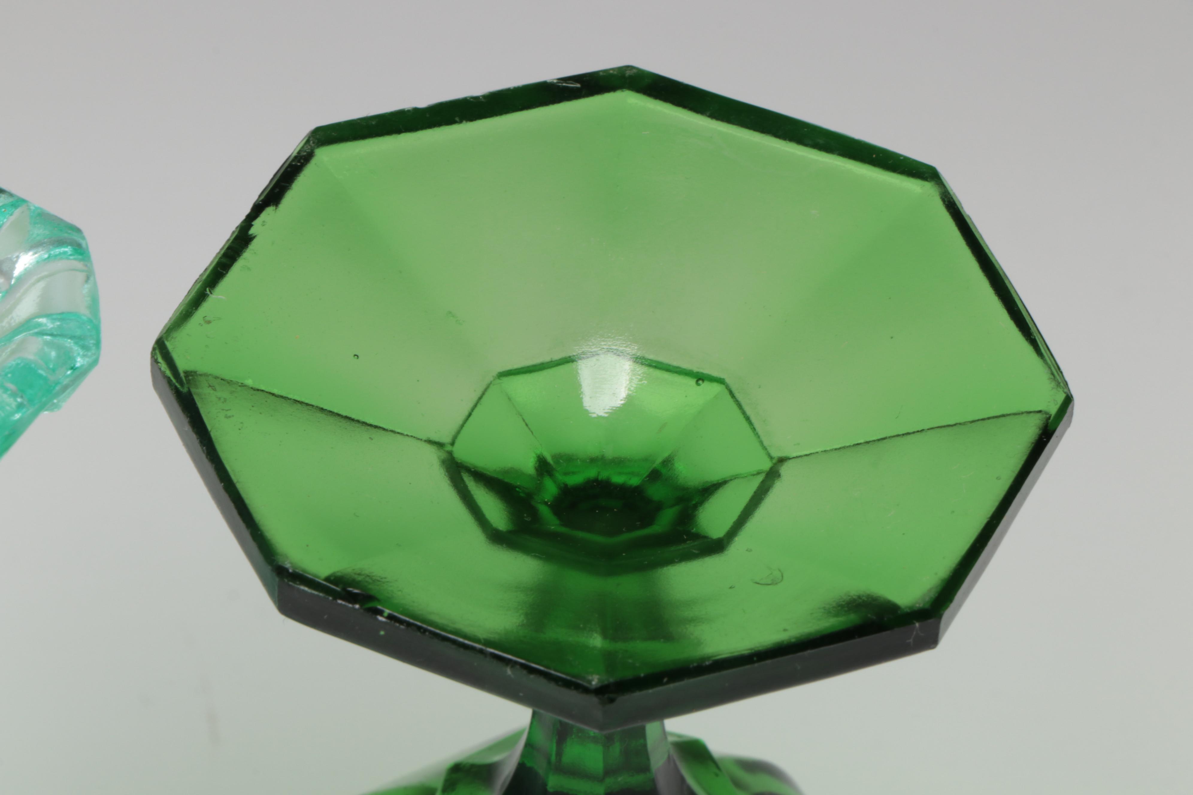 Early American Pressed Glass Style Uranium Glass Water Goblet and More