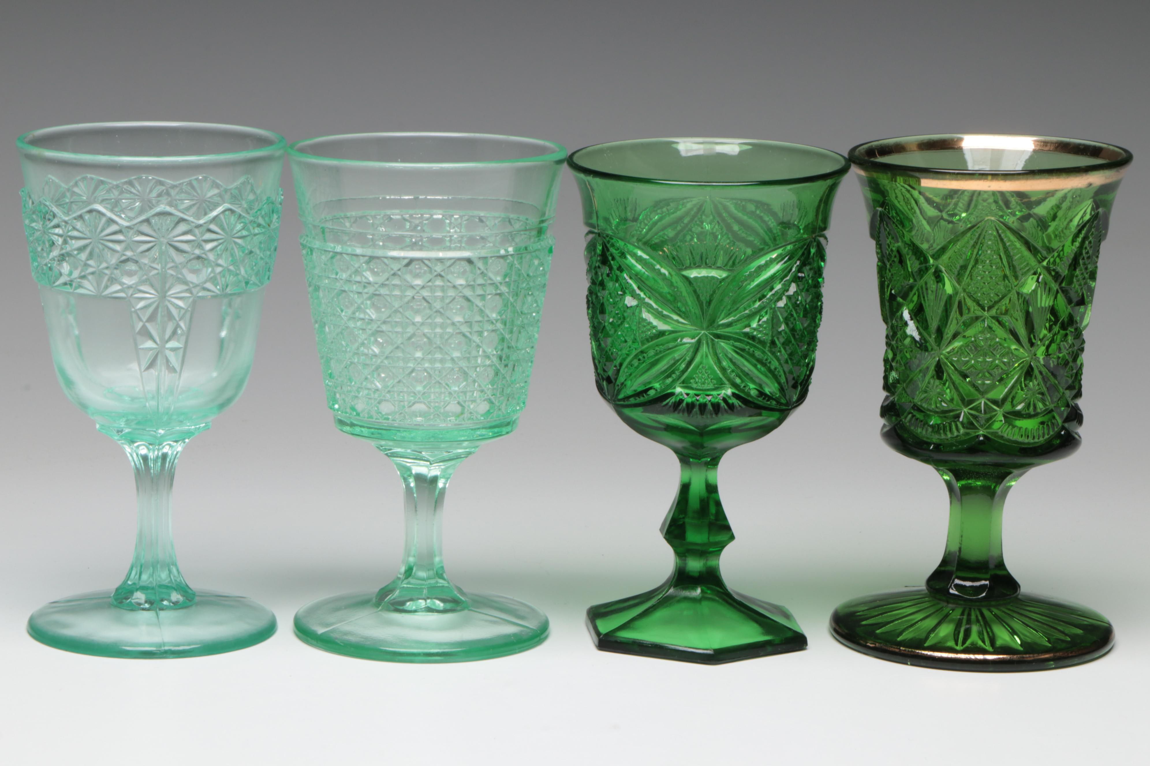 Early American Pressed Glass Style Uranium Glass Water Goblet and More