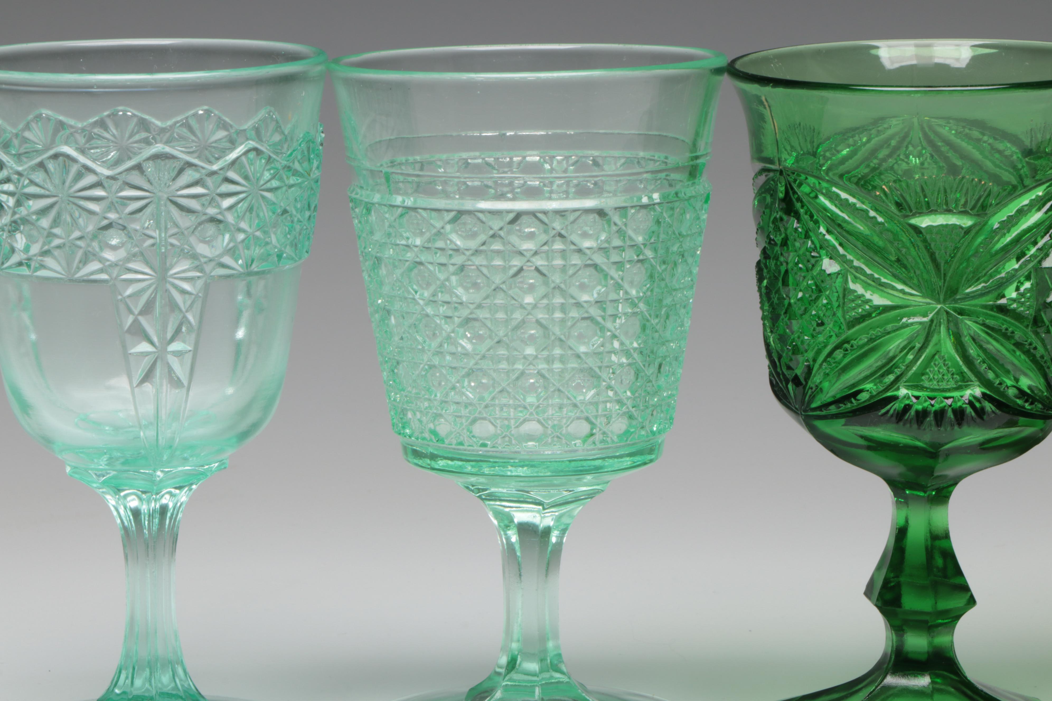 Early American Pressed Glass Style Uranium Glass Water Goblet and More