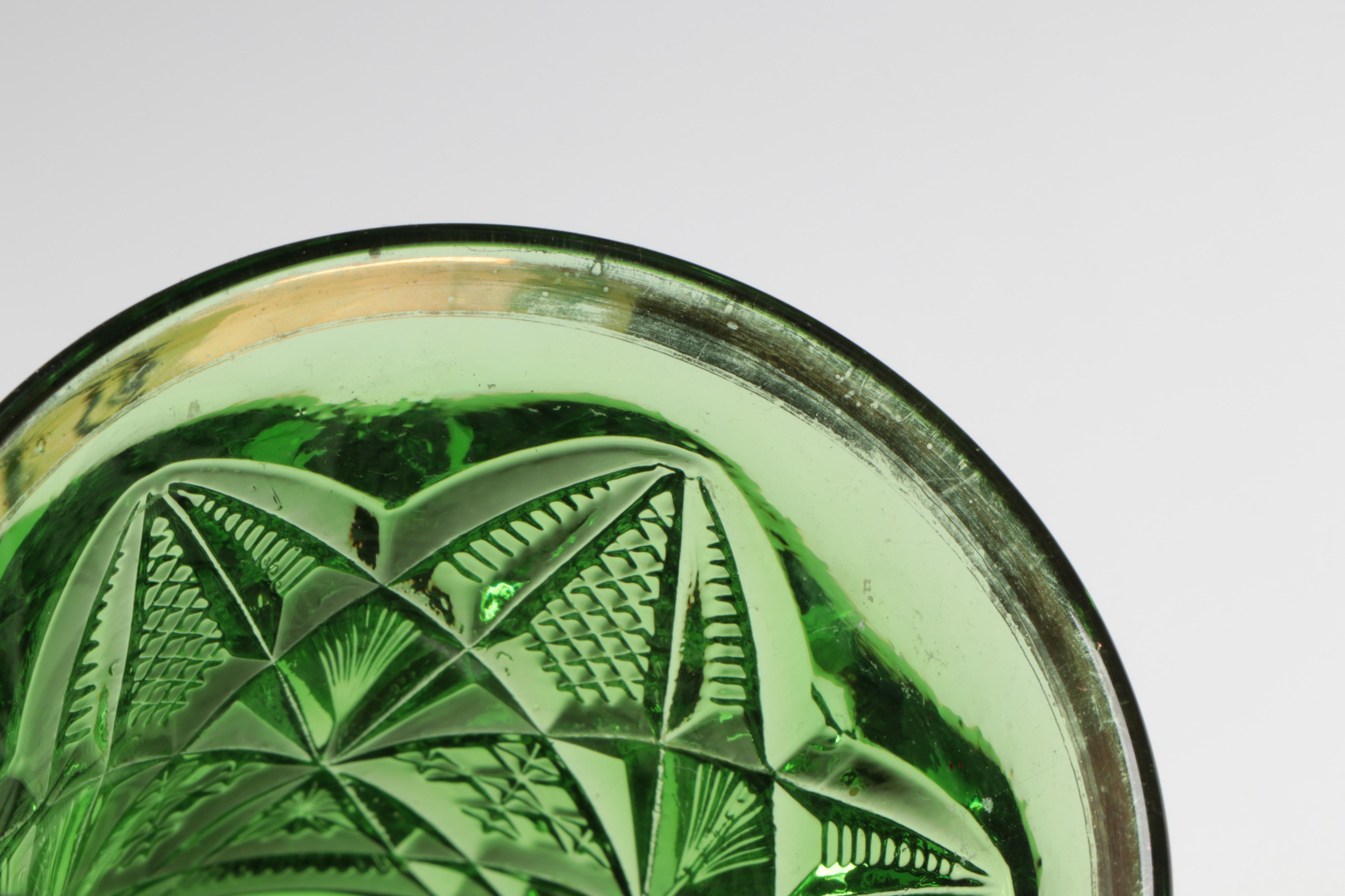 Early American Pressed Glass Style Uranium Glass Water Goblet and More