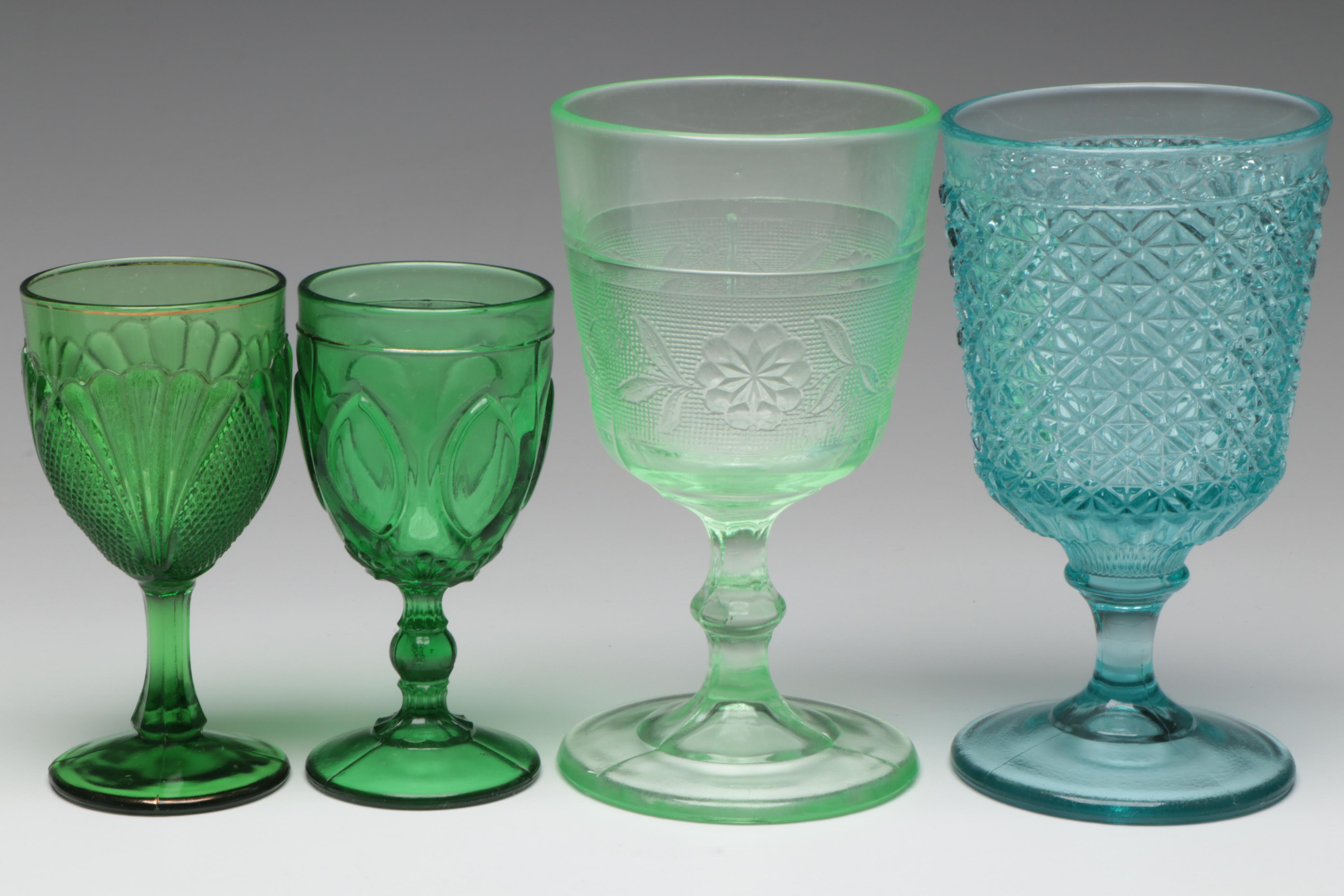 Early American Pressed Glass Style Uranium Glass Water Goblet and More