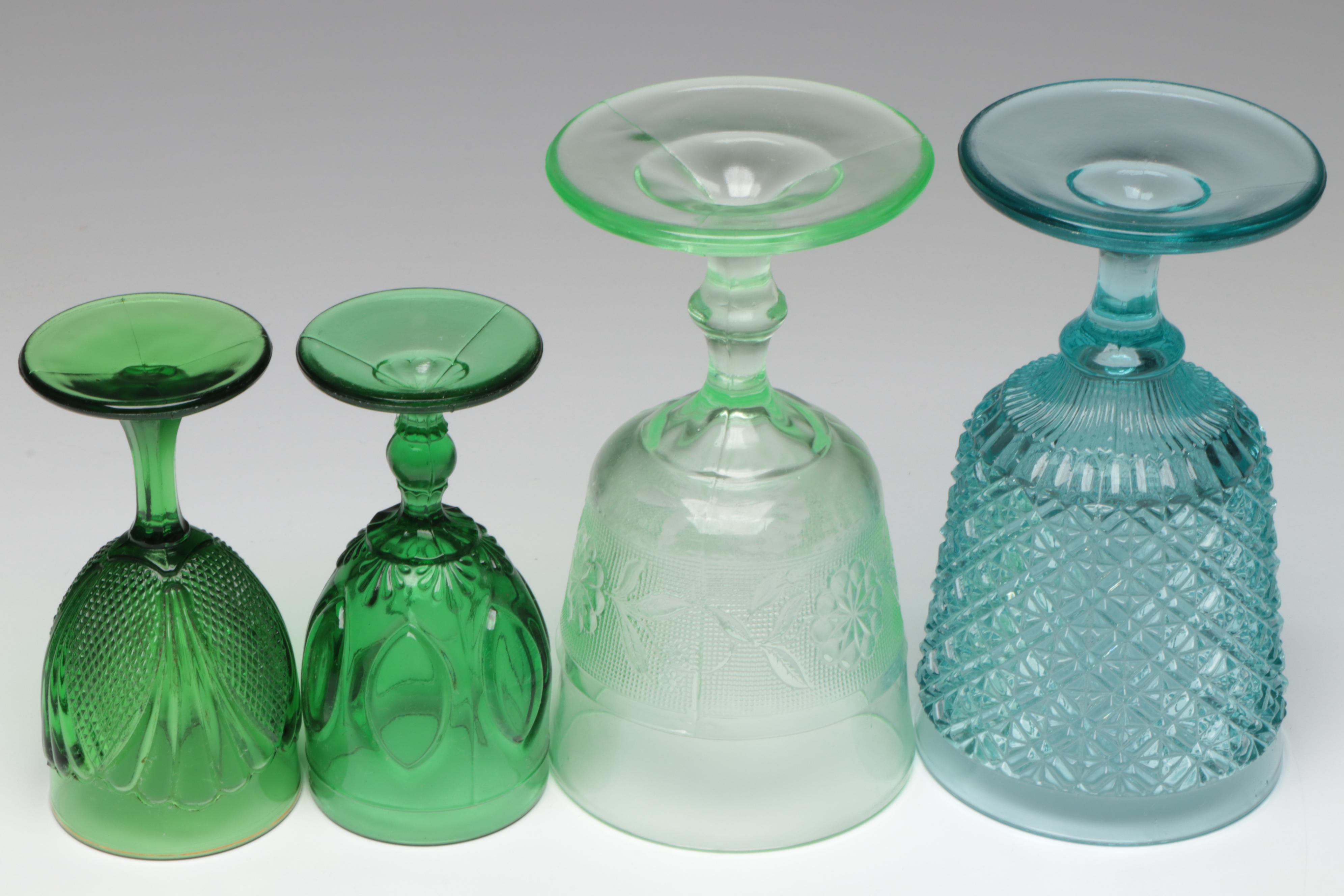 Early American Pressed Glass Style Uranium Glass Water Goblet and More