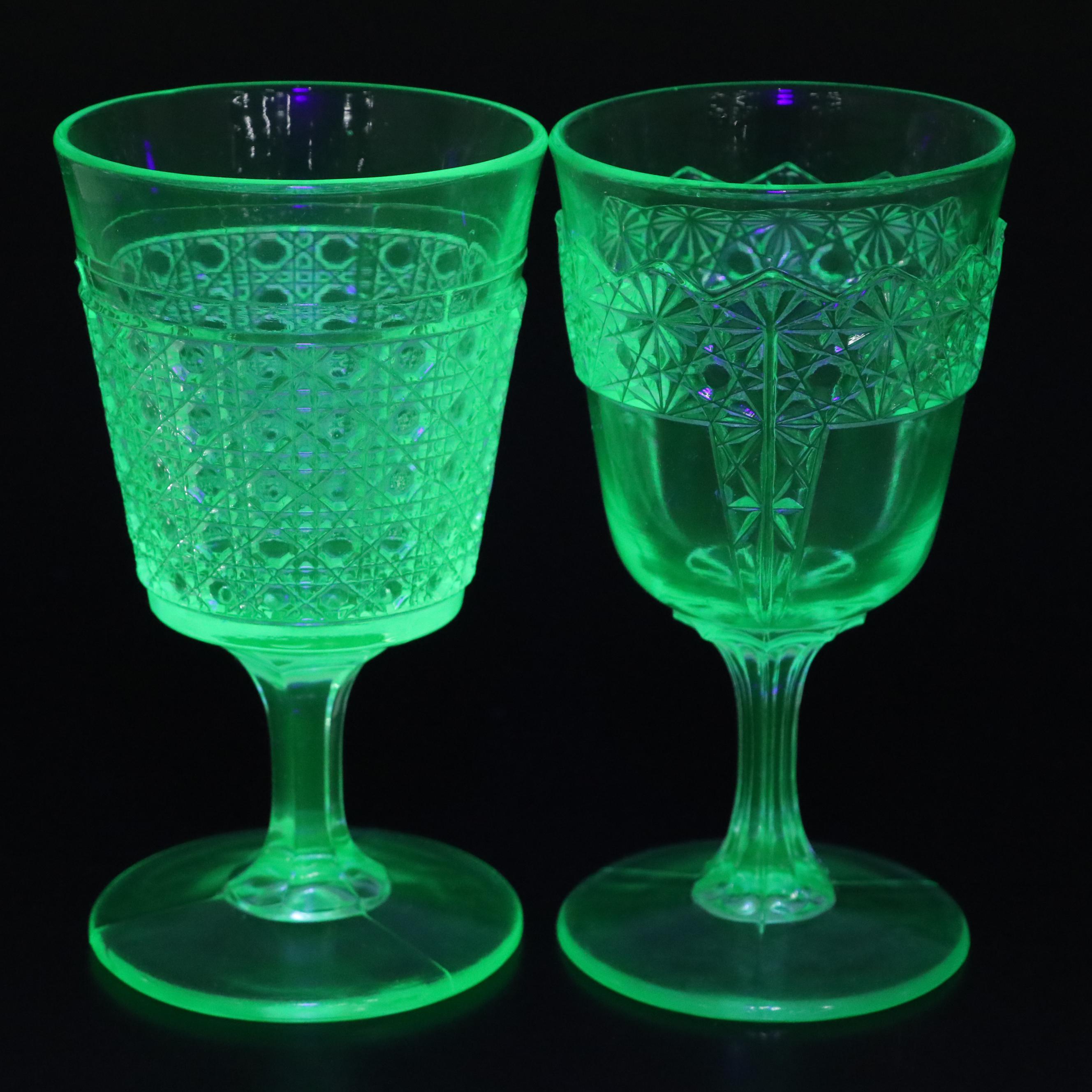 Early American Pressed Glass Style Uranium Glass Water Goblet and More