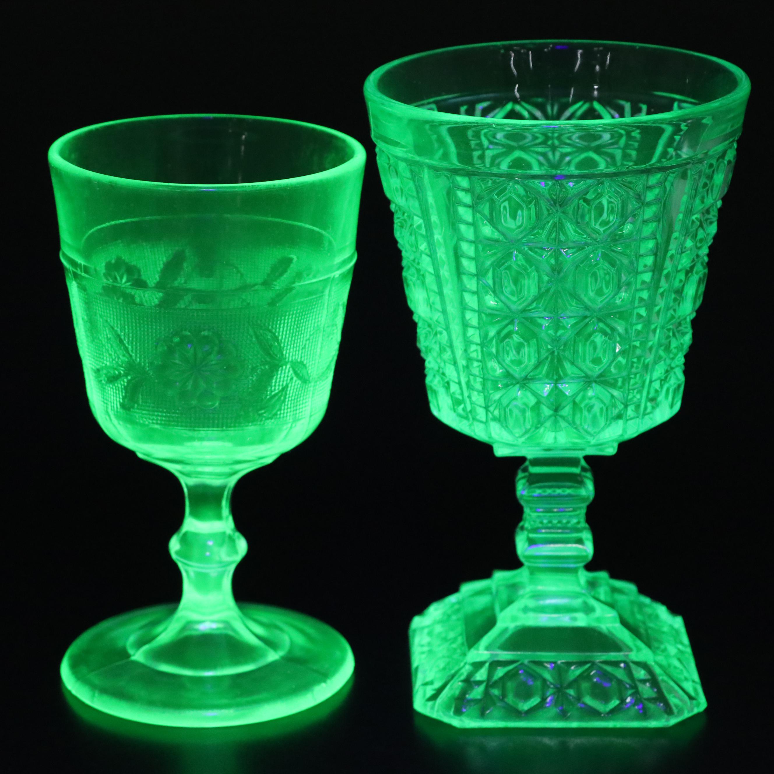 Early American Pressed Glass Style Uranium Glass Water Goblet and More