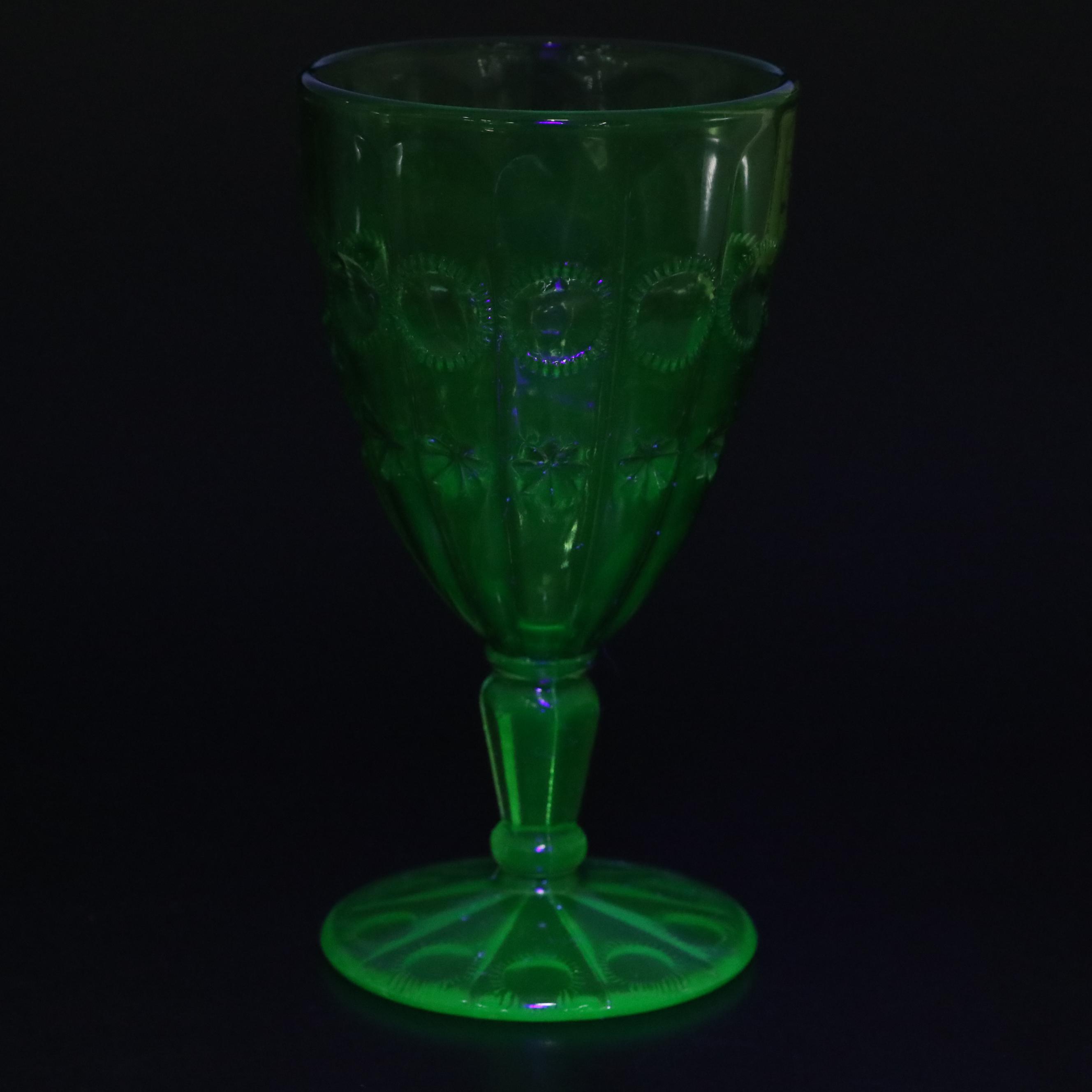 Early American Pressed Glass Style Uranium Glass Water Goblet and More