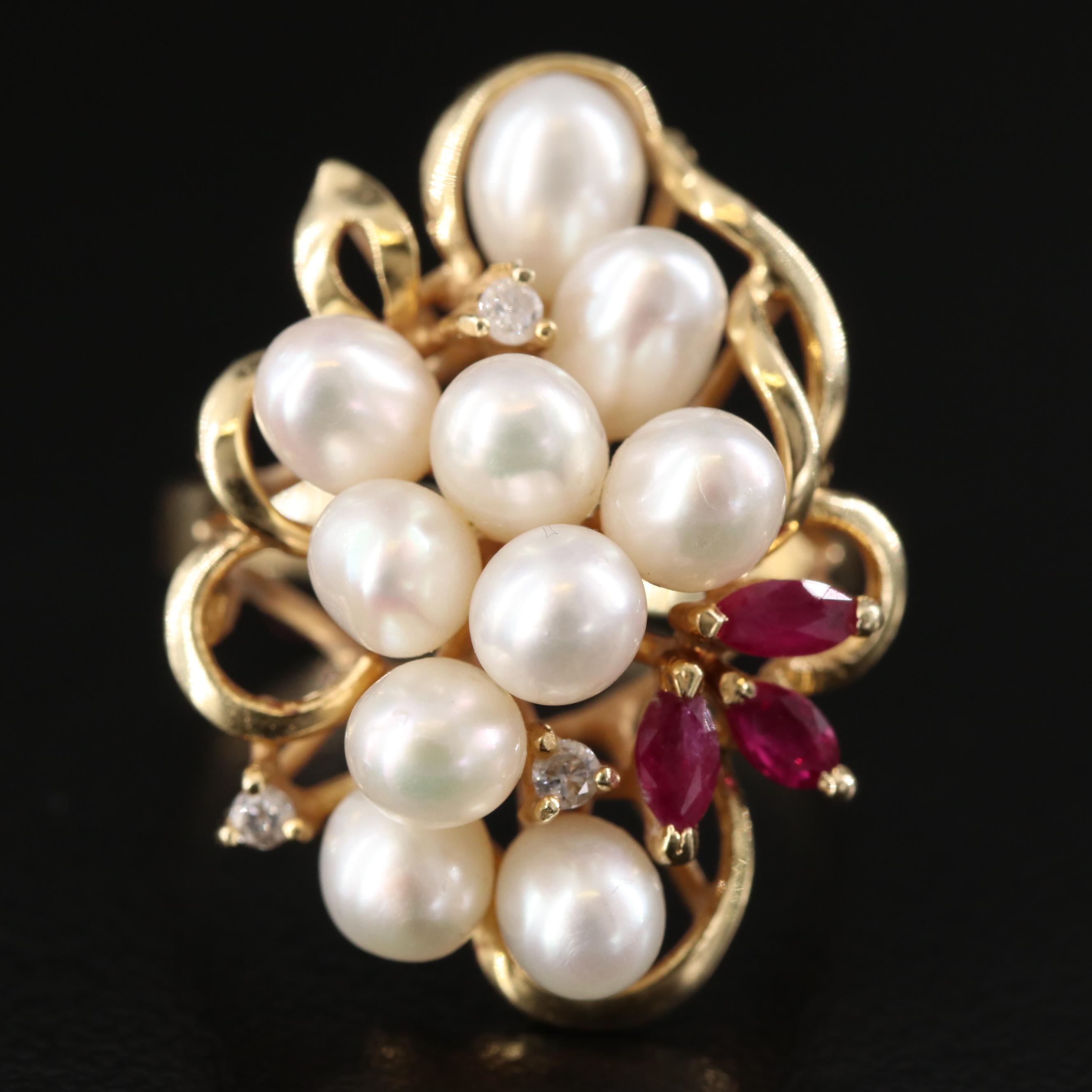 14K Pearl, Ruby, and Diamond Ring